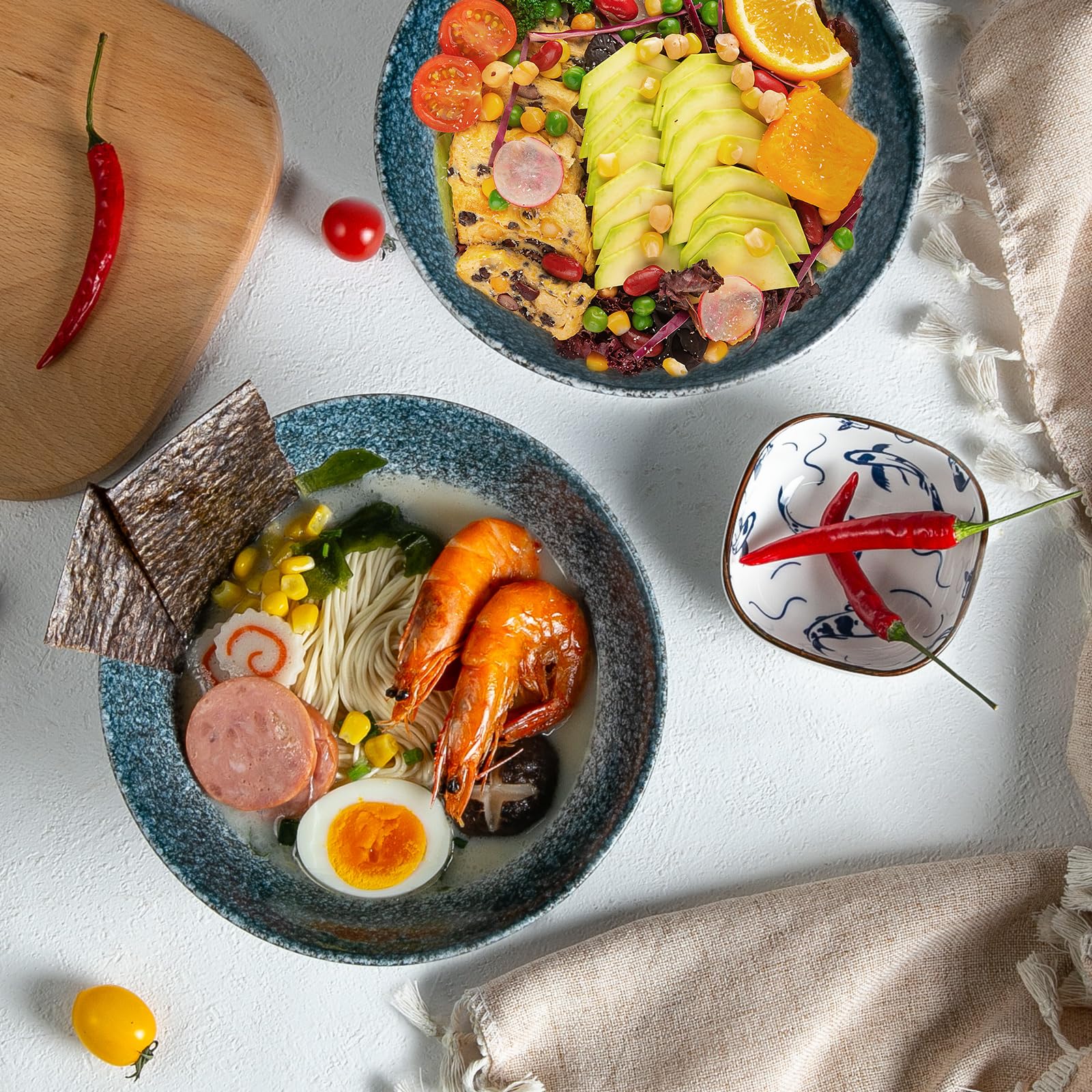 Juego de tazón de ramen de cerámica de 2 piezas Vajilla de porcelana de estilo japonés con palillos y cuchara (piedra)