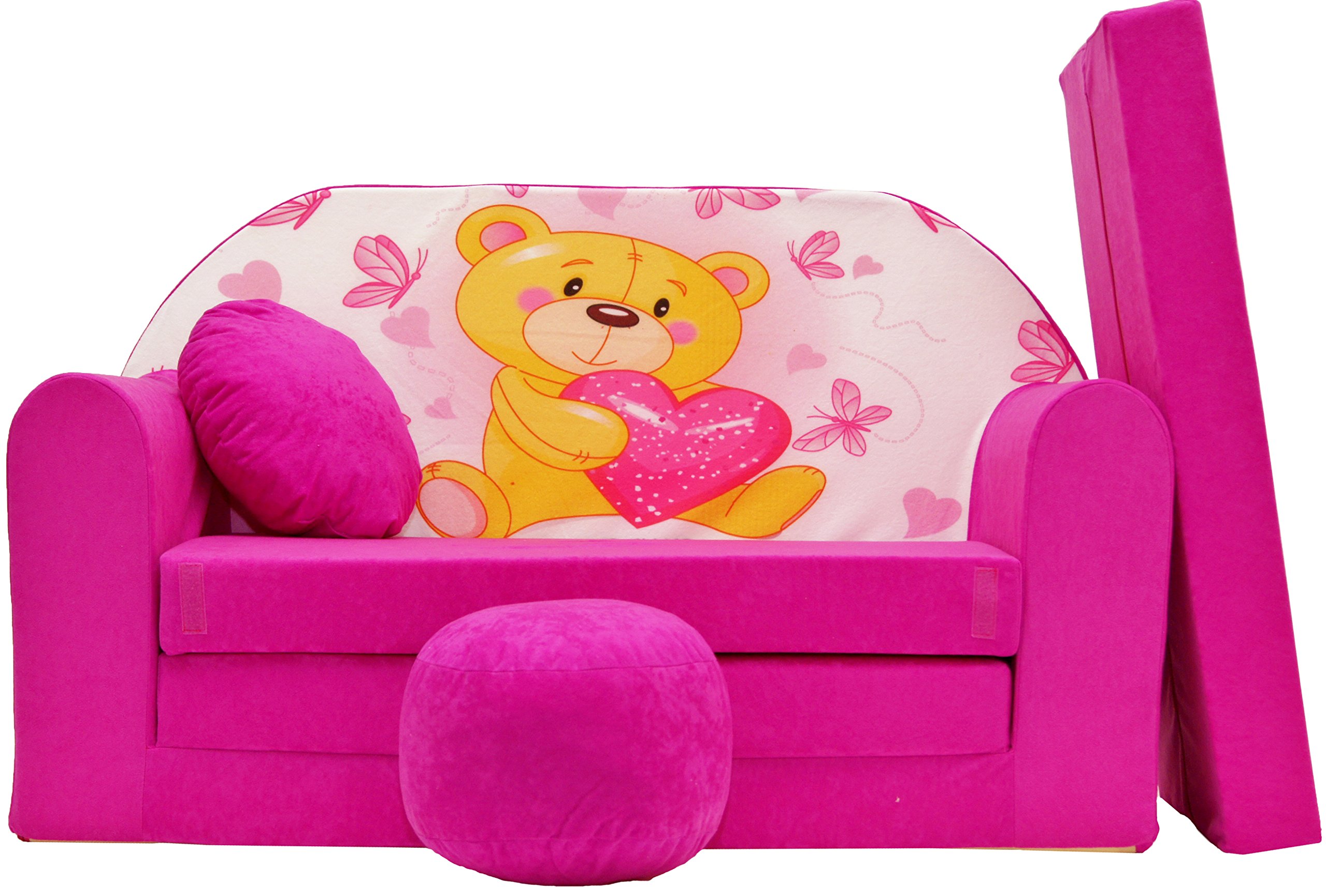 umwandelbares Kindersofa – perfekt zum Spielen und Schlafen – mit Abnehmbarer Matratze, Kissen und Pouf – 98x168x59 cm – leicht und einfach zusammenklappbar - H3 Rosa - Teddybär mit Herz