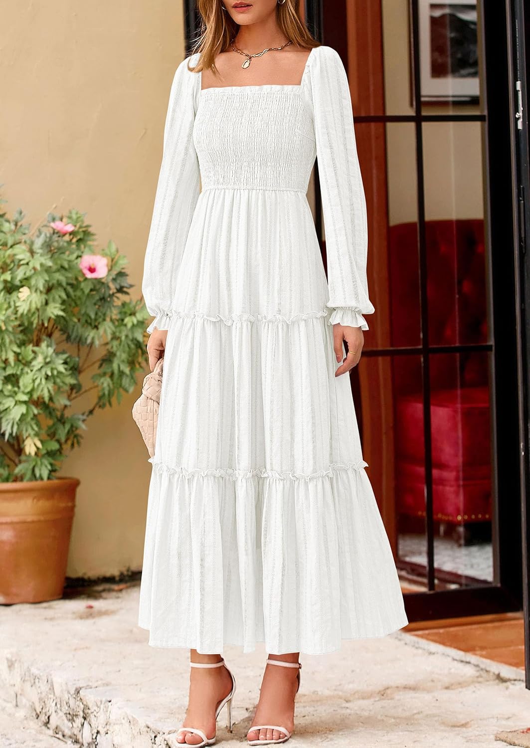 PRETTYGARDEN Spring Dresses for Women 2026 Casual Long Sleeve Smocked Ruffle Flowy Elegant Wedding Guest Maxi Dress Pockets - Image 7