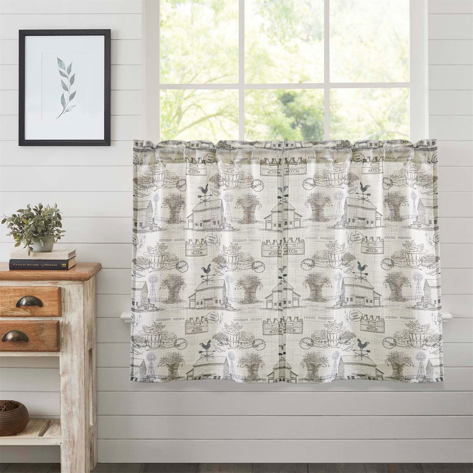 Estmy Vintage Farmhouse Linen Kitchen Curtain in Ivory/Light Gray, French Country Shabby Cottage Rustic Cabin Tier Cafe Curtain 36 Inch Length 2 Panels Small Short Window Curtain Panel for Bathroom