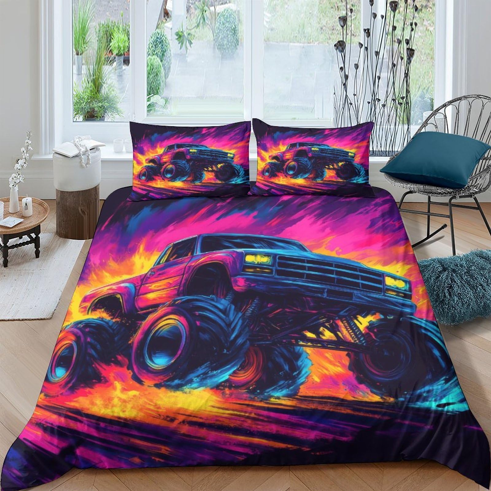 Ctjqhvkz Style-4 3D Printed Neon Monster Truck Fitted Sheet Microfiber Soft Breathable Urban Graffiti Bed Cover For Bedroom Decor Single（135X200cm）