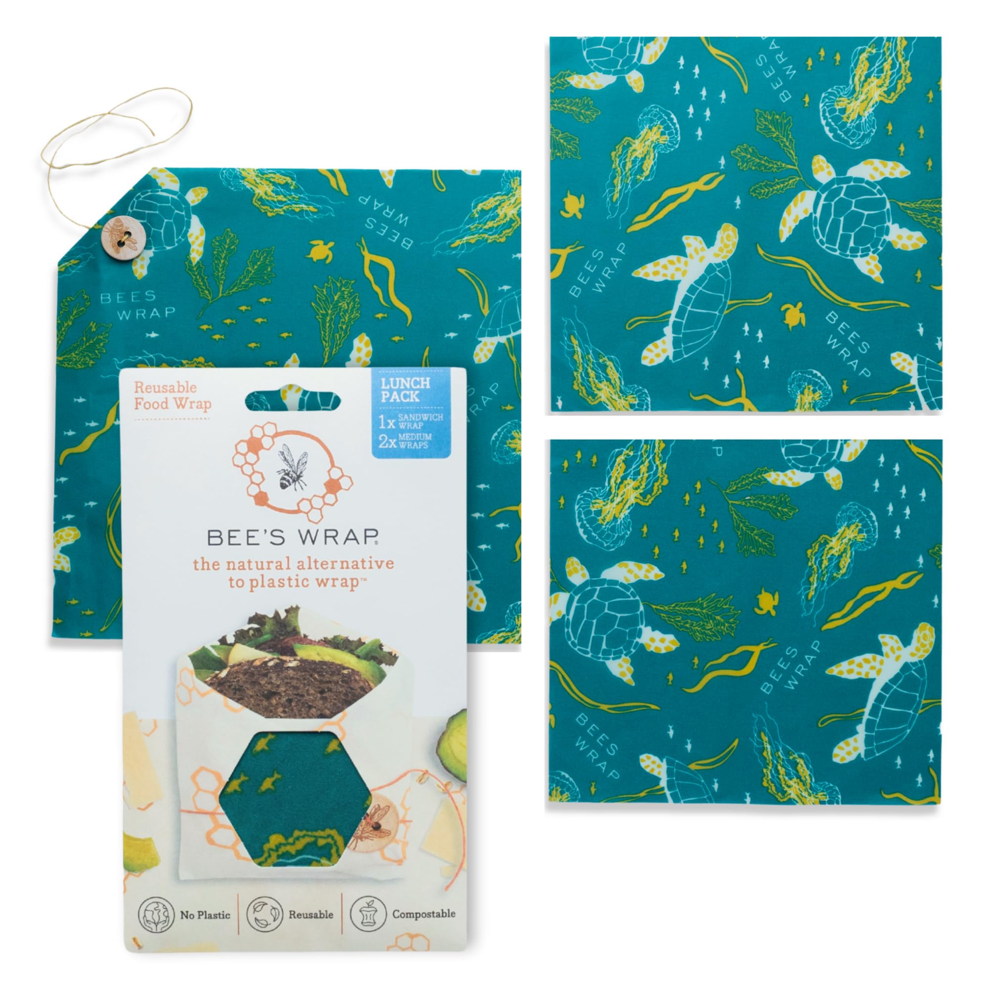 Bee's Wrap Beeswax Wraps for Food - 3 Pack of Assorted Beeswax Wraps - 2 Medium & Sandwich Wrap - Made in USA Reusable Natural Food Wrap - Ocean