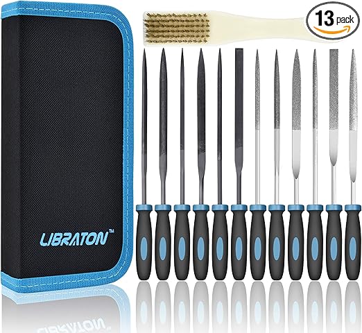 LIBRATON Small File Set, Needle Diamond Files 13PCS, 6pcs Jewlers & 6 Steel for Precision Metal Work, Wood, Woodworking, Plastic Carving Tool with Brush and Carry Case