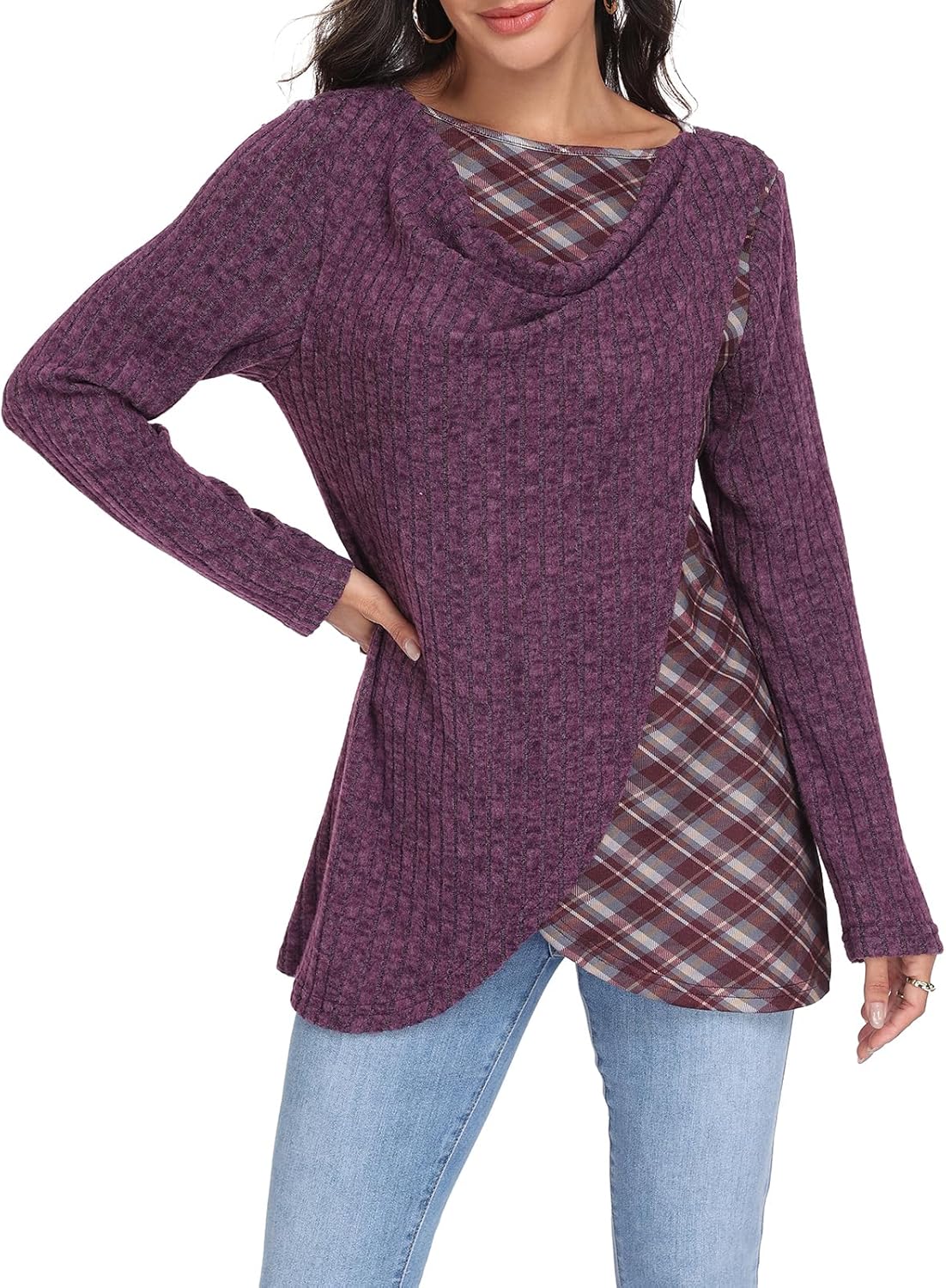 Miusey Women's Cowl Neck Tunic Sweater Long Sleeve Knit Pullover with Plaid Patchwork for Fall Winter Casual & Christmas Wear - Image 2