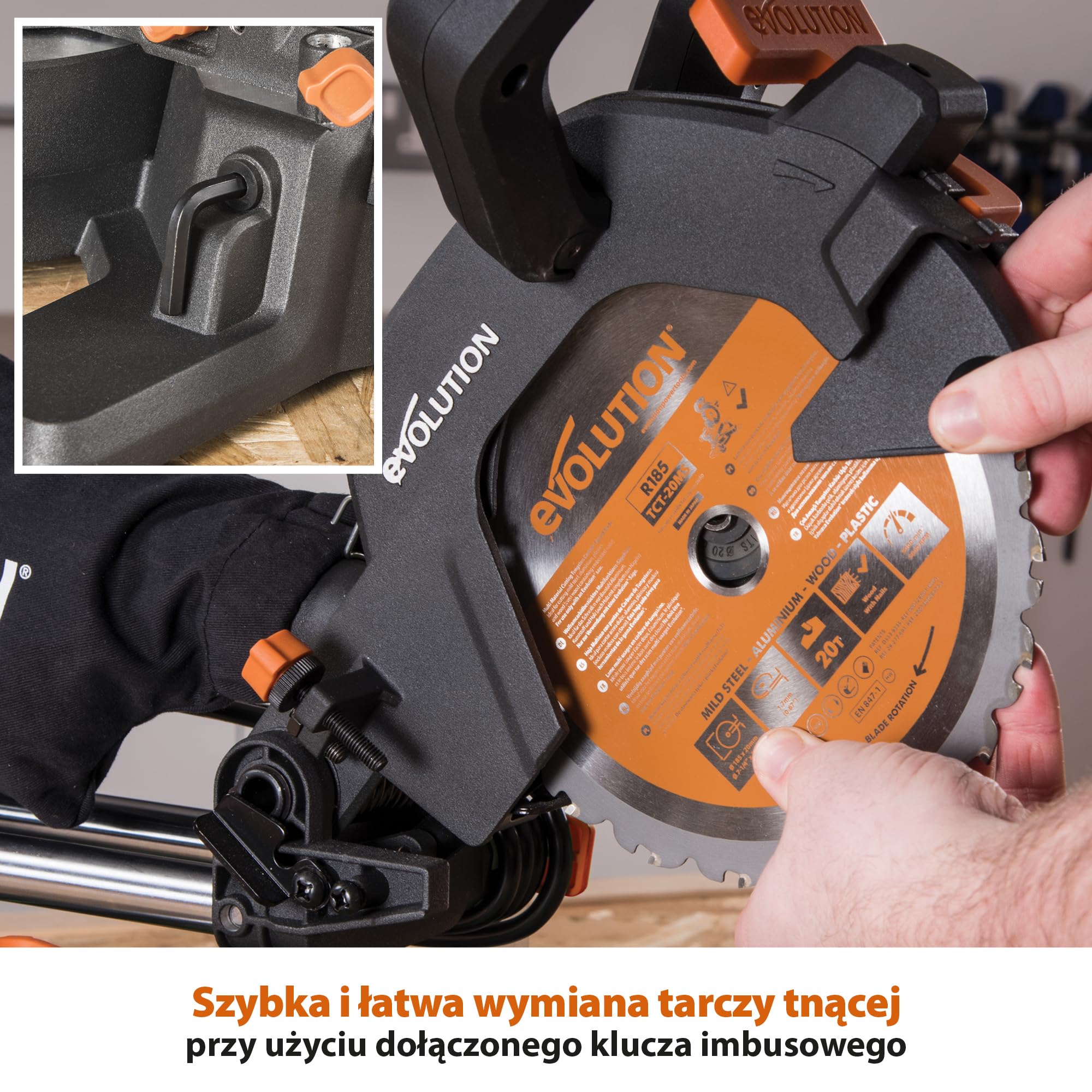 Evolution Power Tools Przesuwna ukośnica R185SMS+ 185 mm 230 V do cięcia drewna, metalu, plastiku