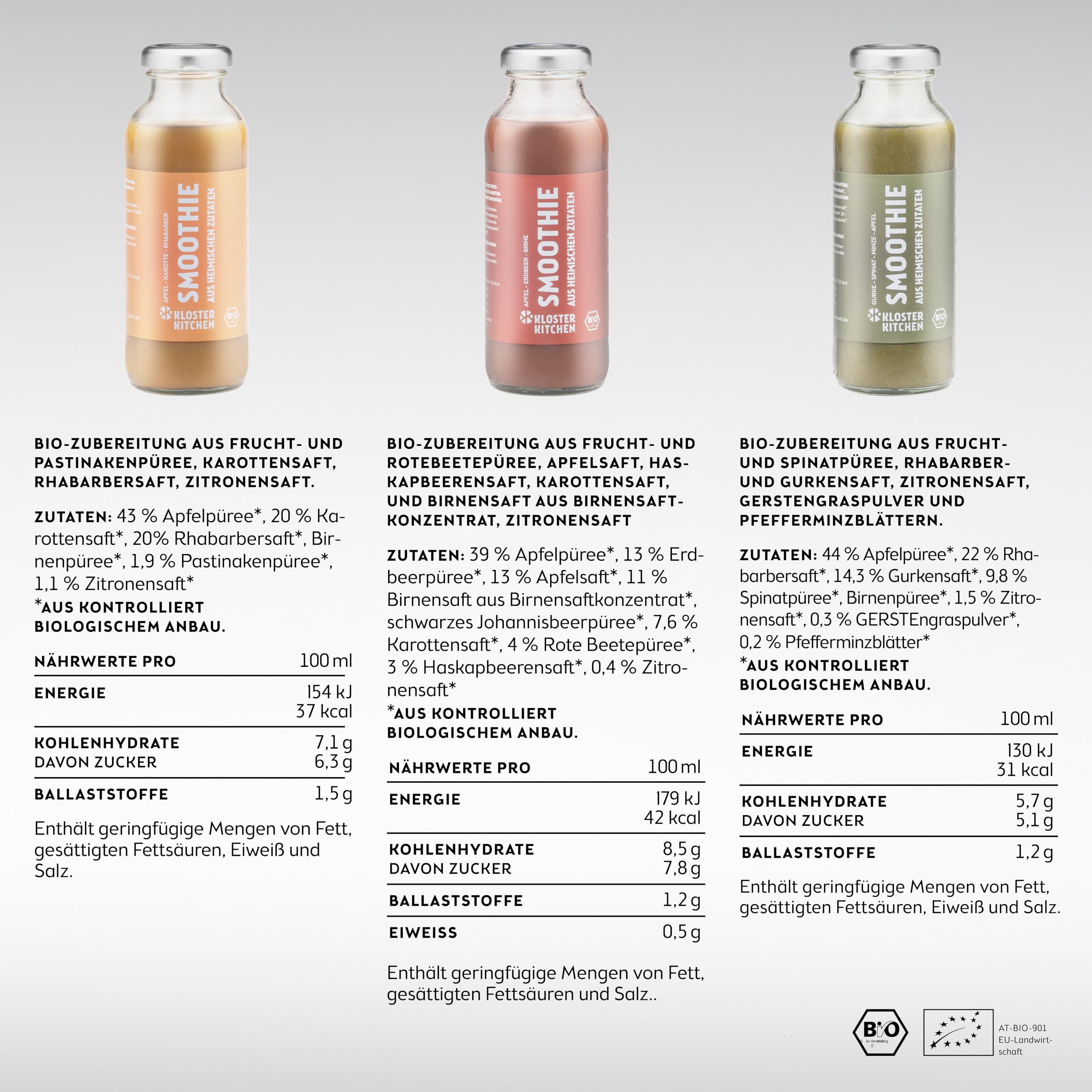 Mix de Smoothies bio Kloster Kitchen 6x 250 ml, 3 saveurs I Set rouge jaune vert vegan | Superfood petit-déjeuner I Bouteille en verre à emporter I Superaliment - Fraises, Carottes, Concombre.