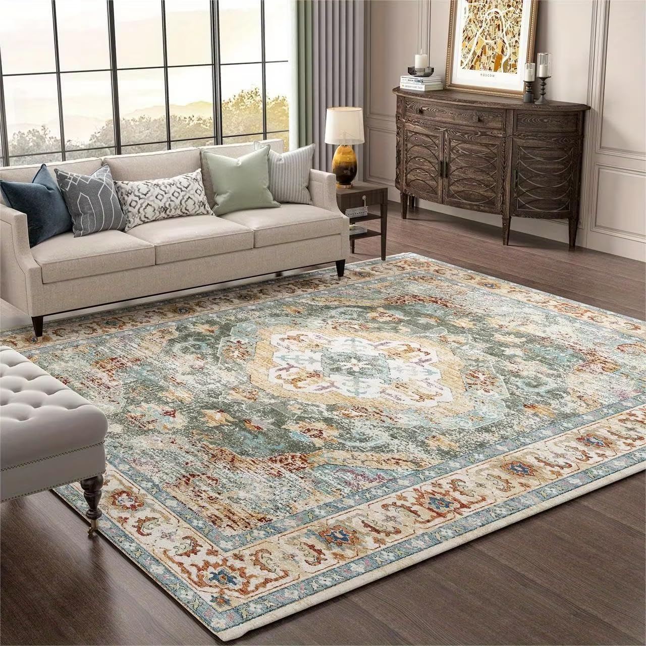 Tapis antidérapant beige 100x140 cm lavable pour salon et chambre