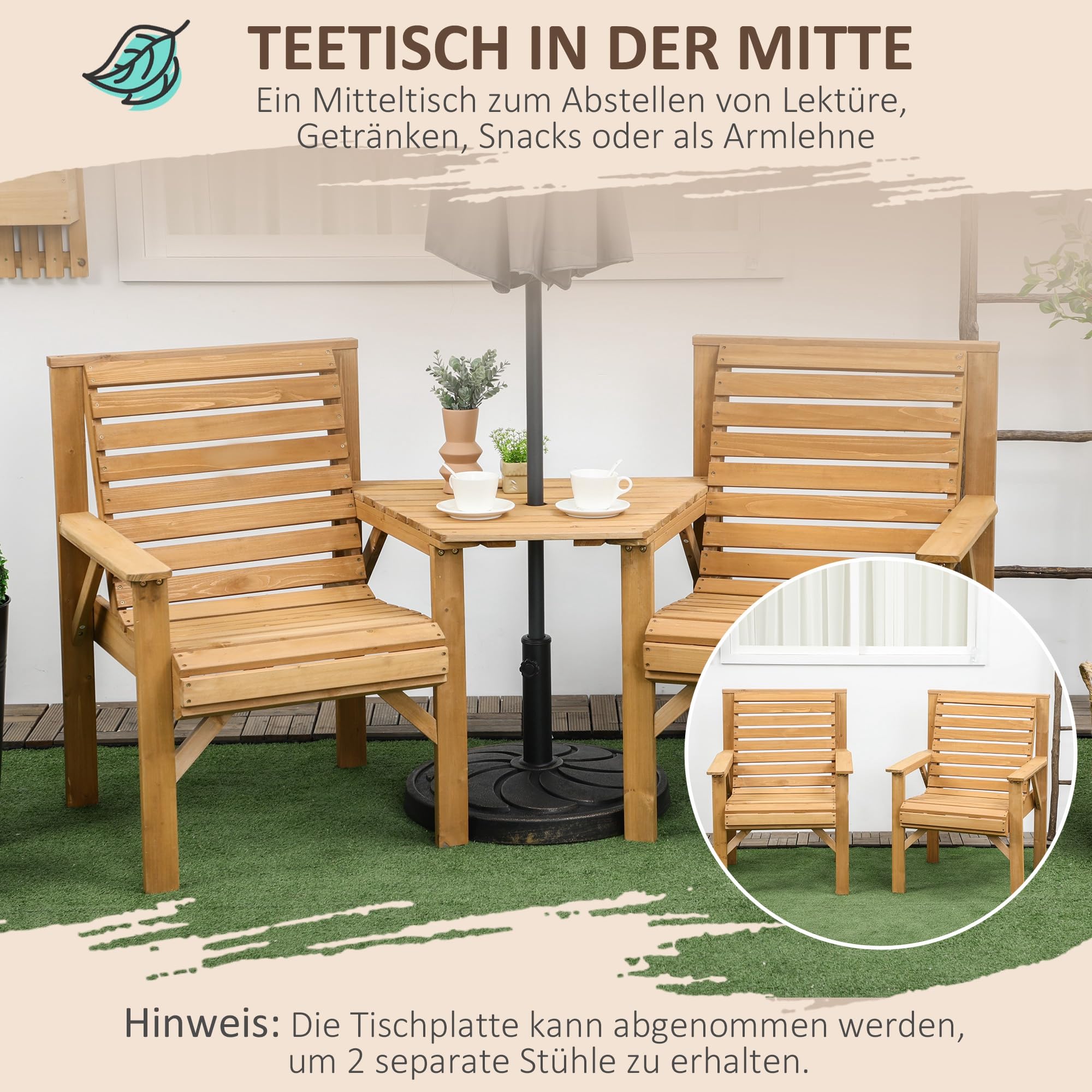 Outsunny Bistro-Set 3-teilig aus Holz Wetterfest Gartenmöbel Set mit Lamellendesign Sonnenschirmloch Gartenstühlen Outdoor Balkonmöbel Set Sitzgruppe Balkonset Gartengarnitur Braun