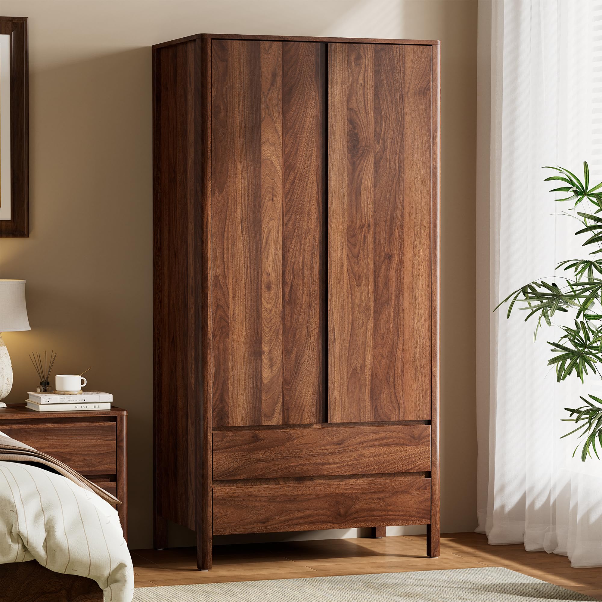 Furniway Armoire Wardrobe Closet, 70.9" Tall Wardrobe Cabinet with 2 Doors, 2 Large Drawers and Hanging Rod, Wooden Clothing Storage Cabinet for Bedroom, Cloak Room, Walnut