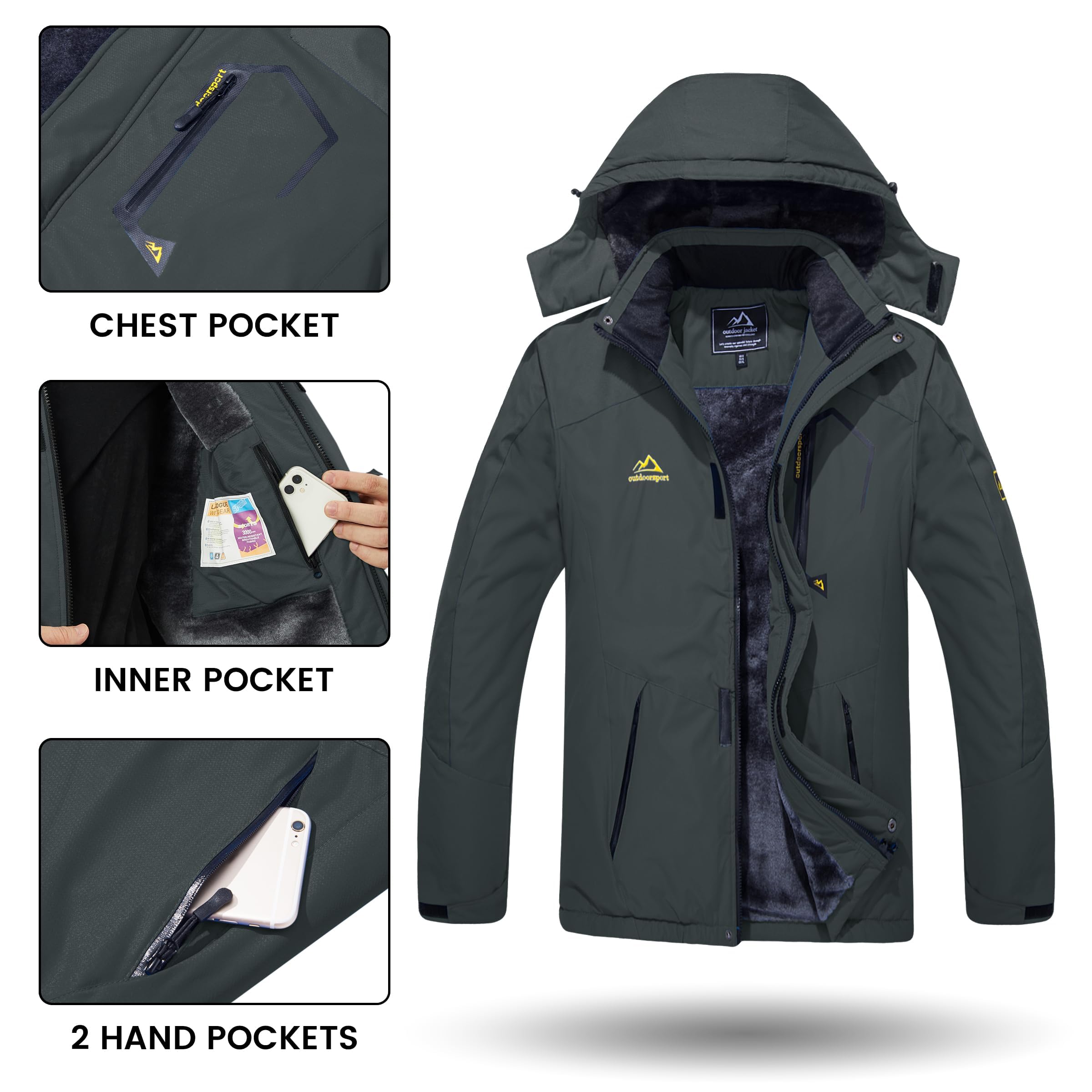 TACVASEN Impermeable Chaqueta de montaña vellón Hombres Esquí Caliente Multi-Bolsillos