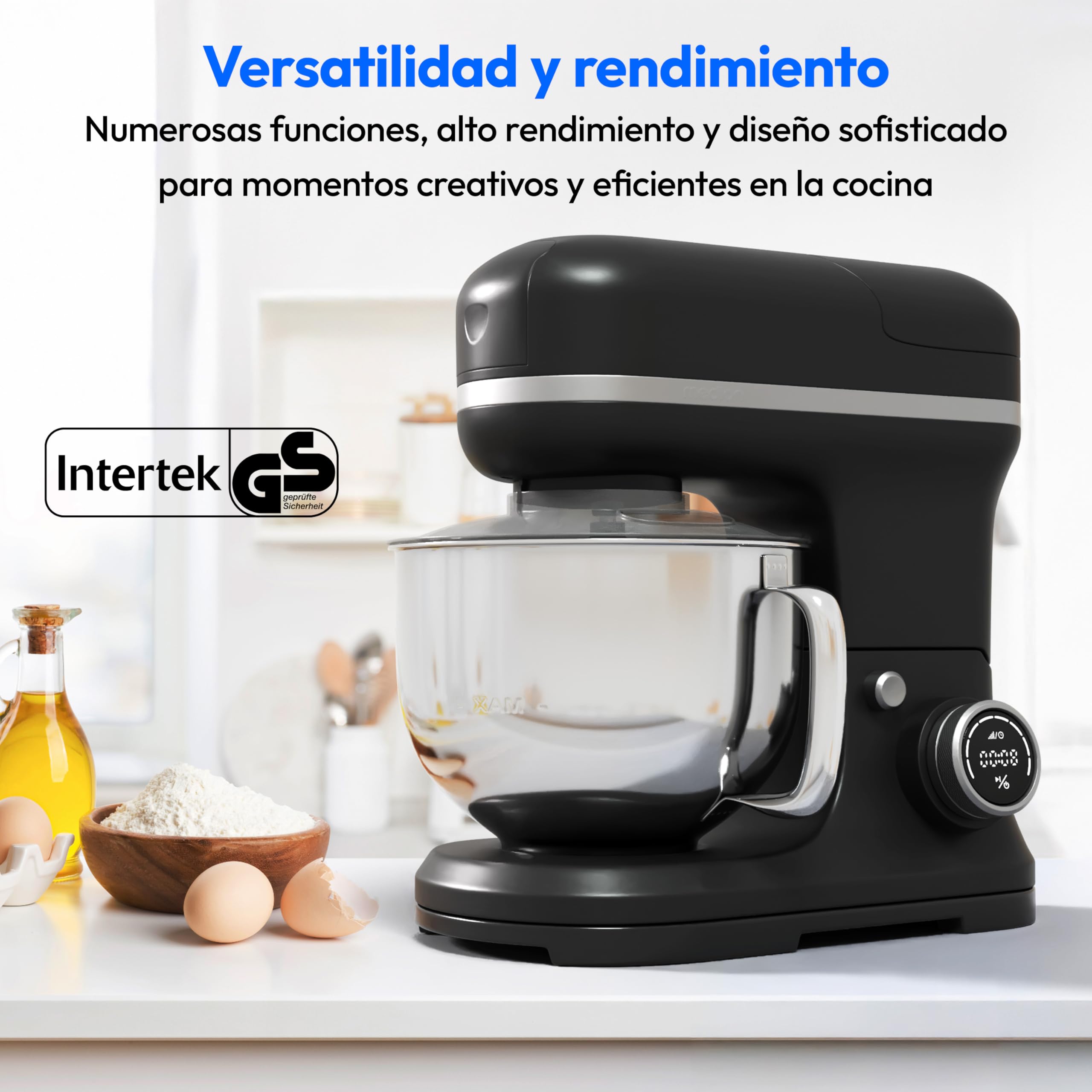 Procesador de alimentos universal MEDION 3 en 1 (digital, 1.200 vatios, 8 niveles, mezclar amasar batir mezclar picadora, bol para preparar helados, pantalla táctil digital, MD18430) negro