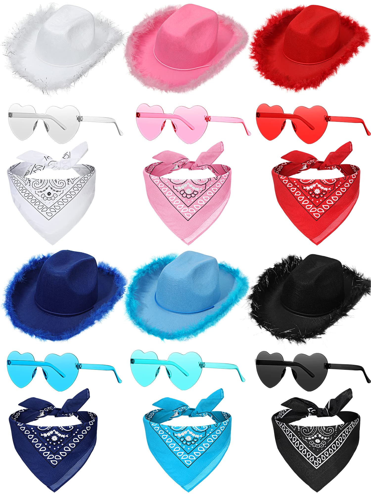 Handepo 6 Pcs Cowboy Hat Set Cowgirl Hat with Feather Heart Shaped Sunglasses Paisely Bandana Accessories for Women Men Bachelorette Party Costume,