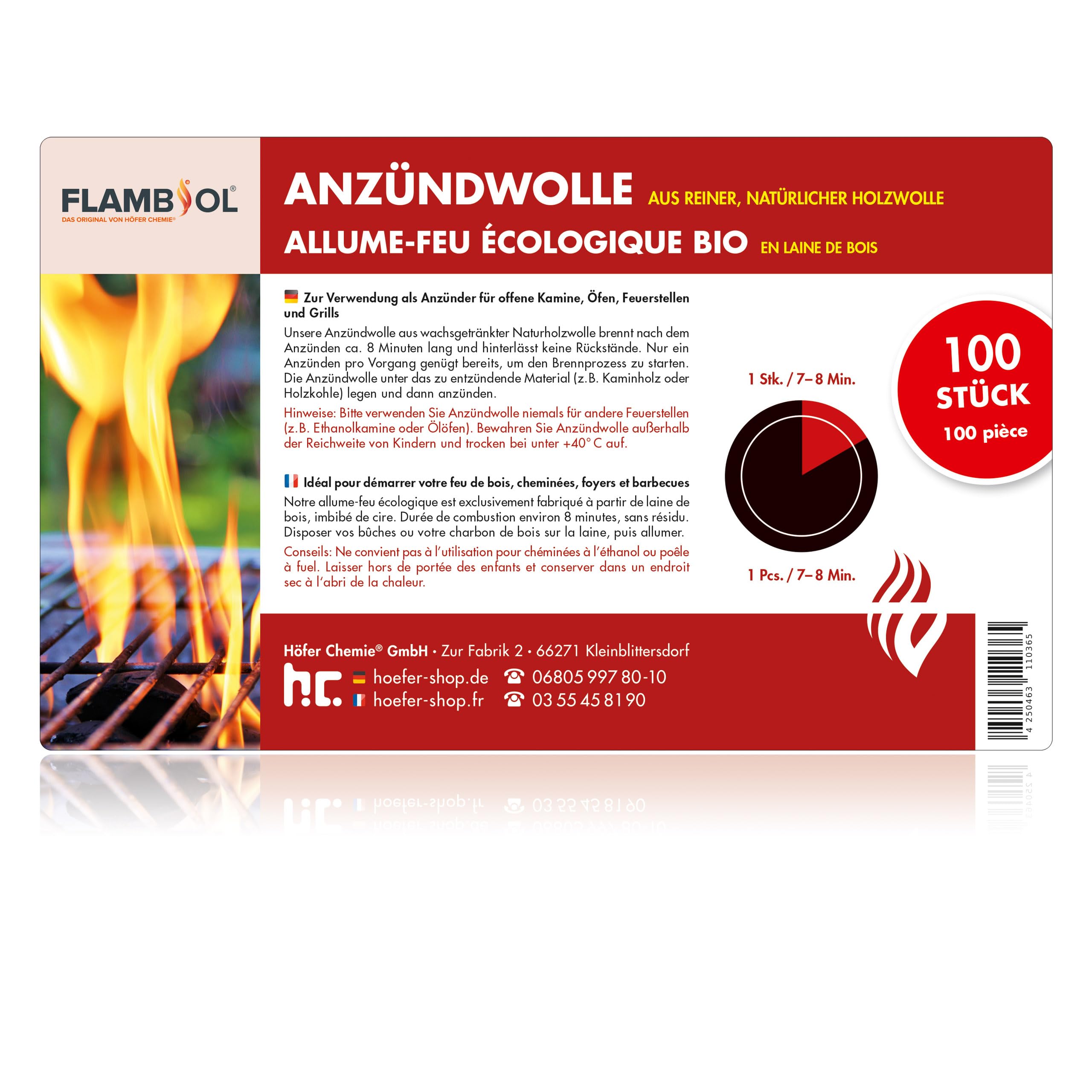 FLAMBIOL® Allume-feu Naturel pour Cheminée, Poêle et Barbecue – 100 Pièces Imprégnées de Cire, Combustion Immédiate, Écologique et Sûre, sans Résidus