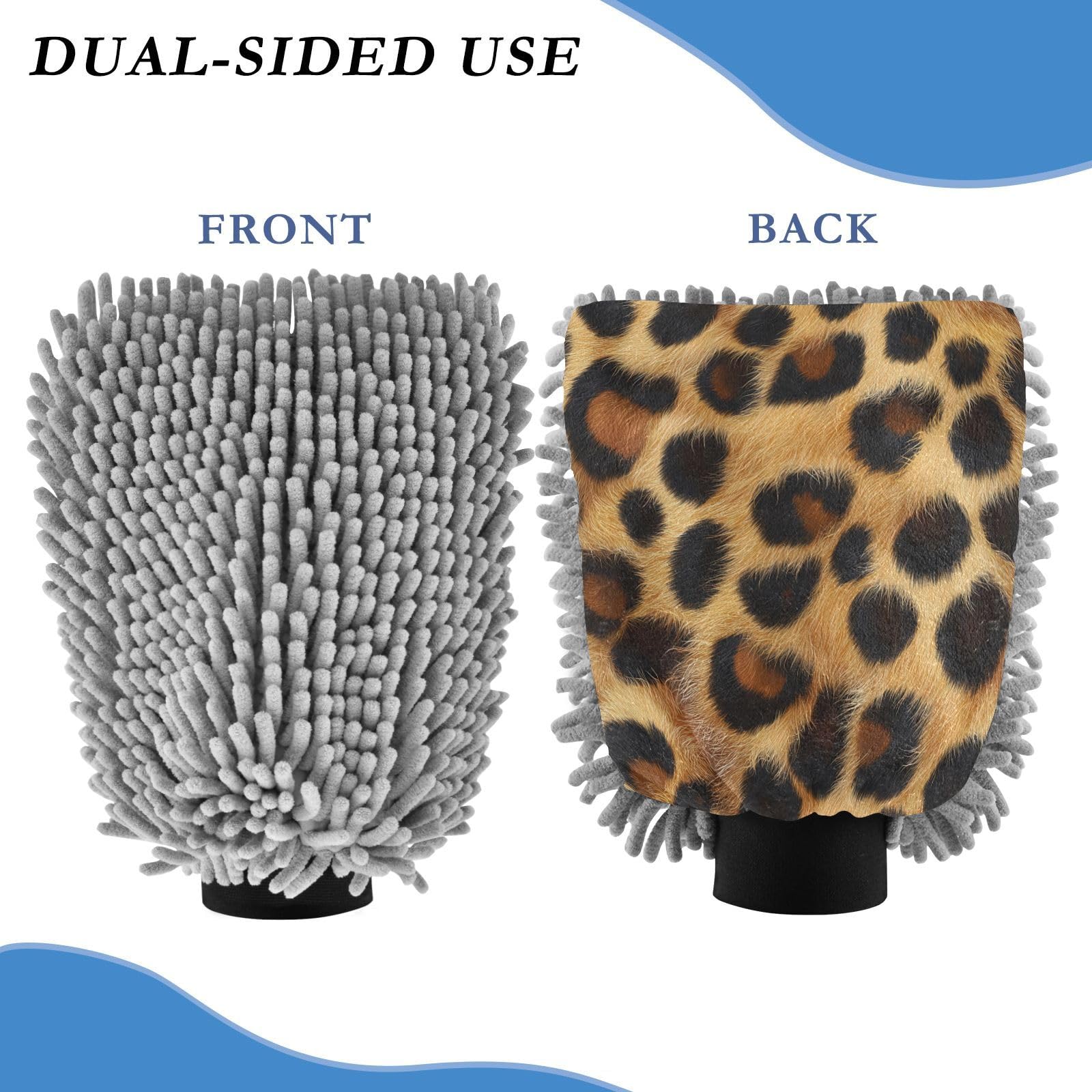 STAYTOP Leopard Skin Print Car Wash Mitt Microfiber, 2Pcs Scratch Free Lint-Free, Premium Chenille Microfiber Mitt Car Wash Brush-L