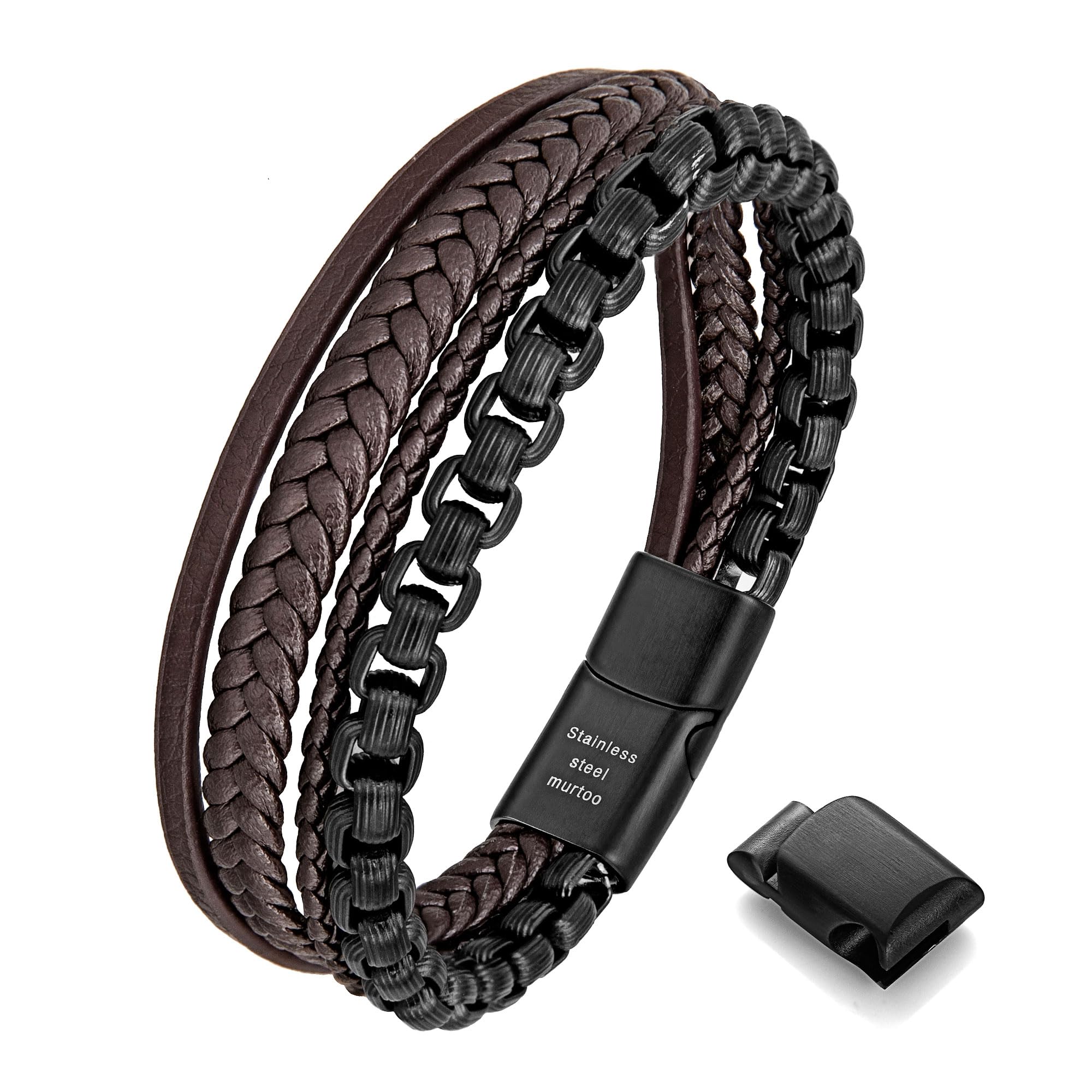 murtoo Mens Bracelet leather and Steel, Stainless Steel Chain and Leather Bracelets for Men