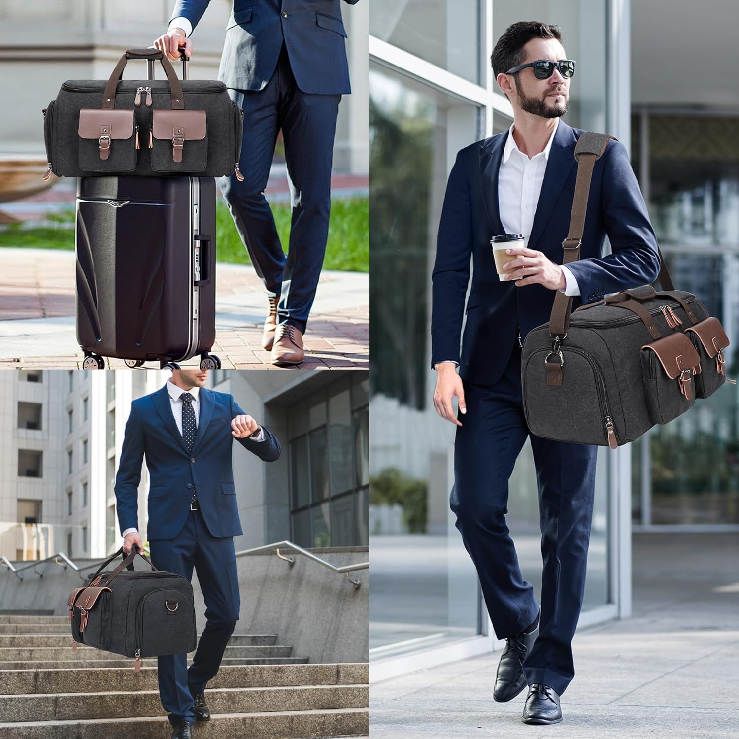 Canvas Garment Bags for Travel, Convertible Carry On Garment Duffel Bag for Men Women, 2 in 1 Suit Bag Hanging Suitcase Business Travel Bag with Shoe Compartment (Black, L) - Image 9