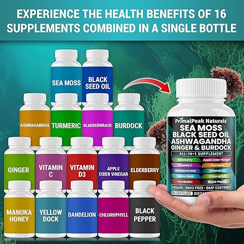 Miniatura 6 de Aceite de semilla negra de musgo marino Ashwagandha jengibre bardana vejiga cúrcuma y cortisol suplementos para mujeres y hombres con magnesio,