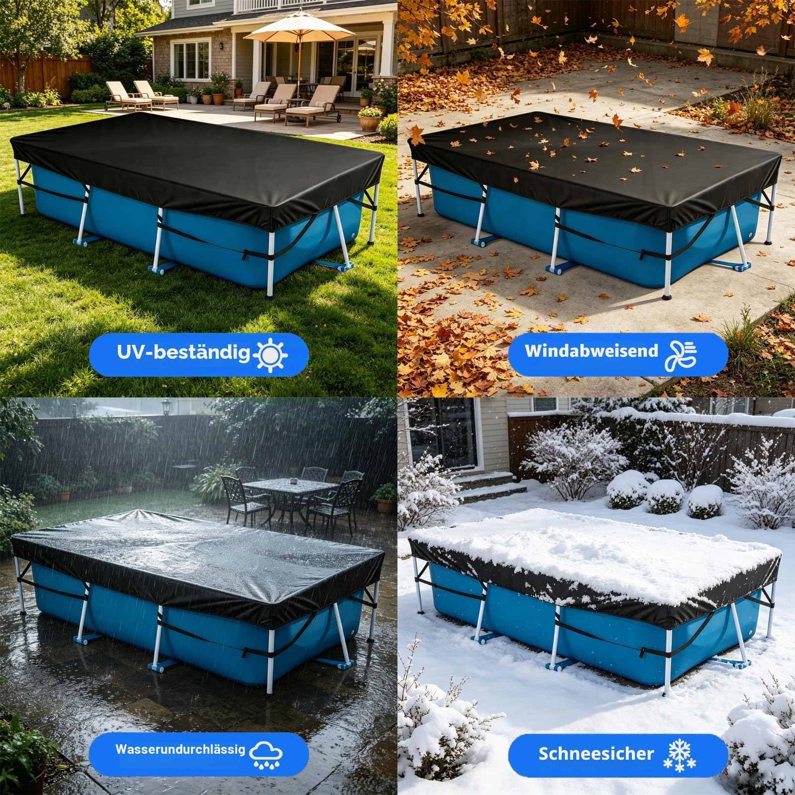 300 x 200 cm Poolabdeckung für Rechteckige Aufstellpools Solarabdeckung Poolabdeckung mit integriertem Gummizug und starkem Gurtband-Fester Sitz und einfache Montage, verhindert Verrutschen (Schwarz)