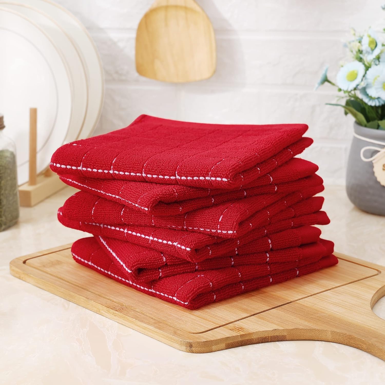 Homaxy 100% Cotton Terry Kitchen Dish Cloths, Ultra Soft and Absorbent Dish Towels for Kitchen, Suitable for Drying and Washing Dishes, 6 Pack, 12 x 12 Inches, Red - Image 8