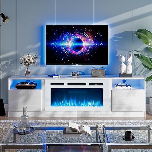 oneinmil 80” TV Stand with 36” Electric Fireplace, Large Modern Media Entertainment Center with Storage Cabinet and 12 Colors LED Lights for TVs Up to 90", White+White