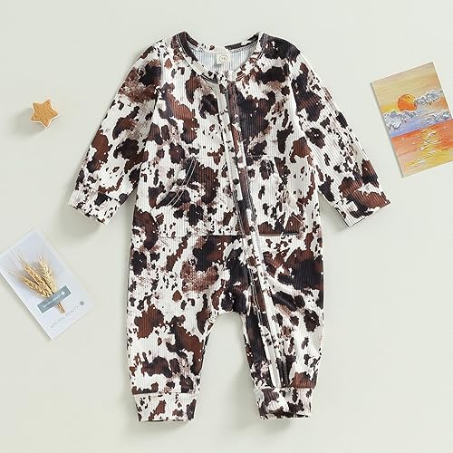 Vista 3 de FIOMVA Newborn Western Baby Boy Clothes Highland Cow Print Onesie Jumpsuit Fall Outfit Zipper Cowboy One Piece Romper