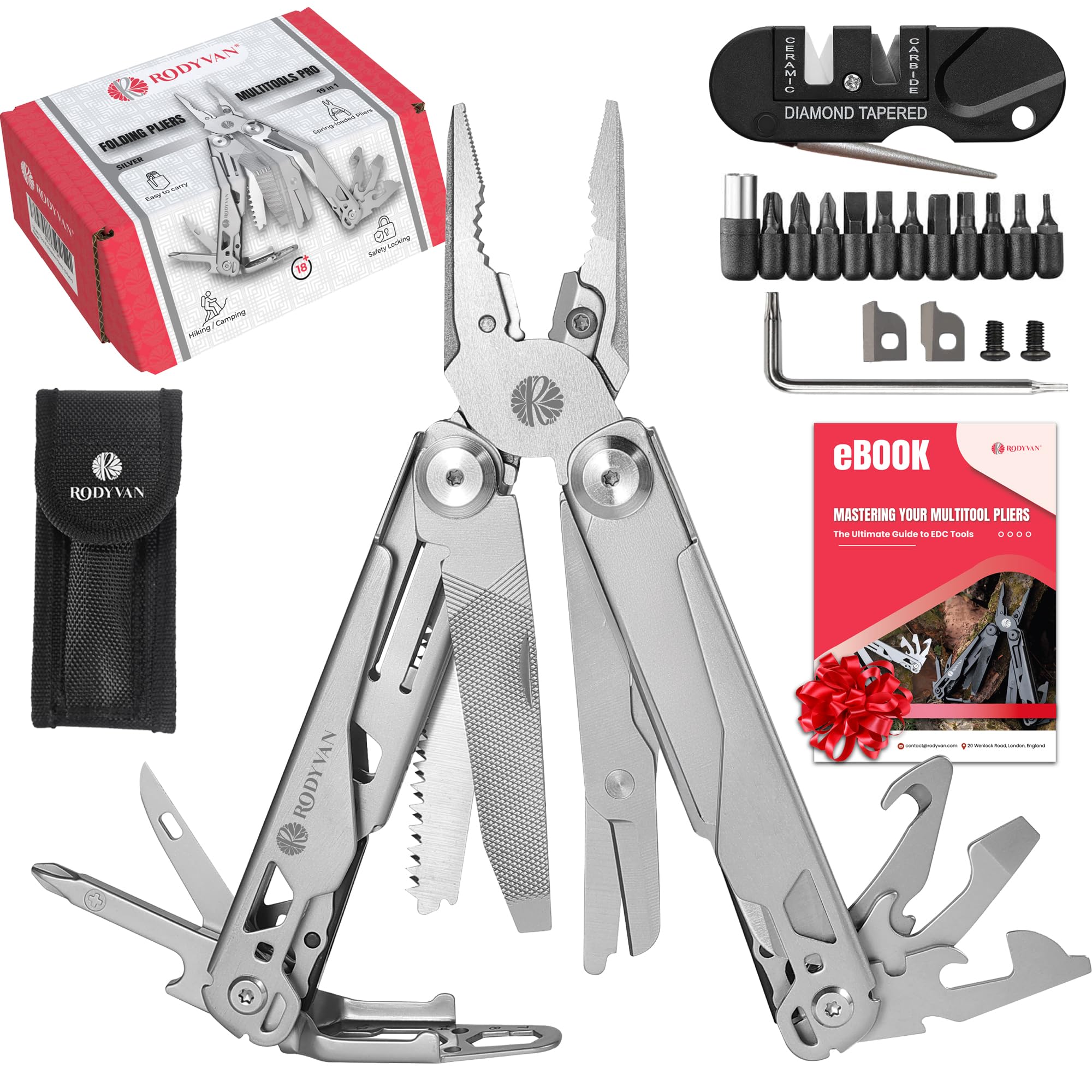 Multitools, 19-in-1 Stainless Steel Multi Tool Pliers with Scissors, Screwdriver Set, Bottle Opener, Survival Camping Accessories. Gift for Men Dad. DIY Tool kit for Outdoor Activities