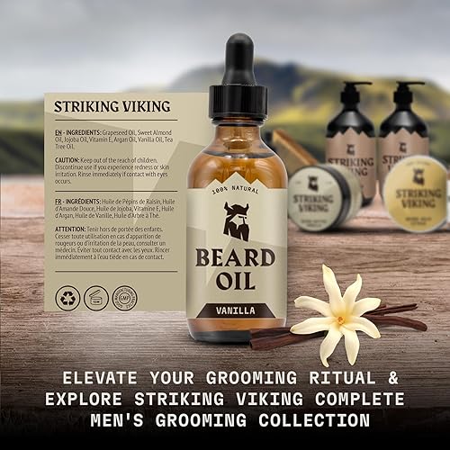 Vista 6 de Striking Viking Aceite de vainilla para barba para hombres, acondicionador derivado naturalmente con aceites de argán y jojoba para suavizar