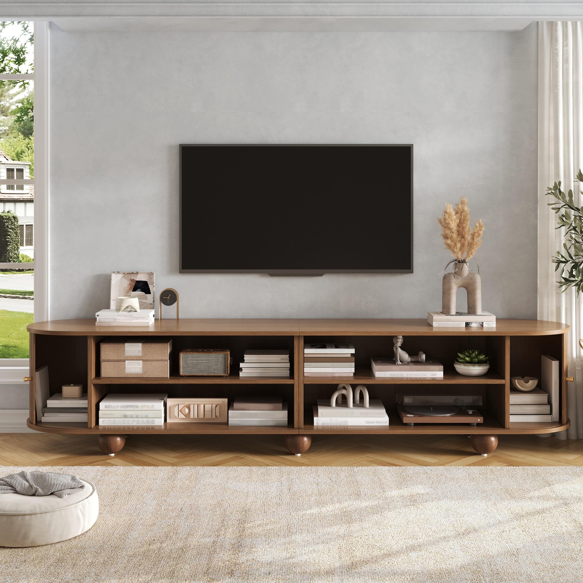180cm Rundungen TV Schrank mit Schiebetüren, TV Lowboard Wohnzimmer | Retro TV Möbel,Wohnzimmermöbel, vertikal geriffelte Schiebetüren,Kugelfüße