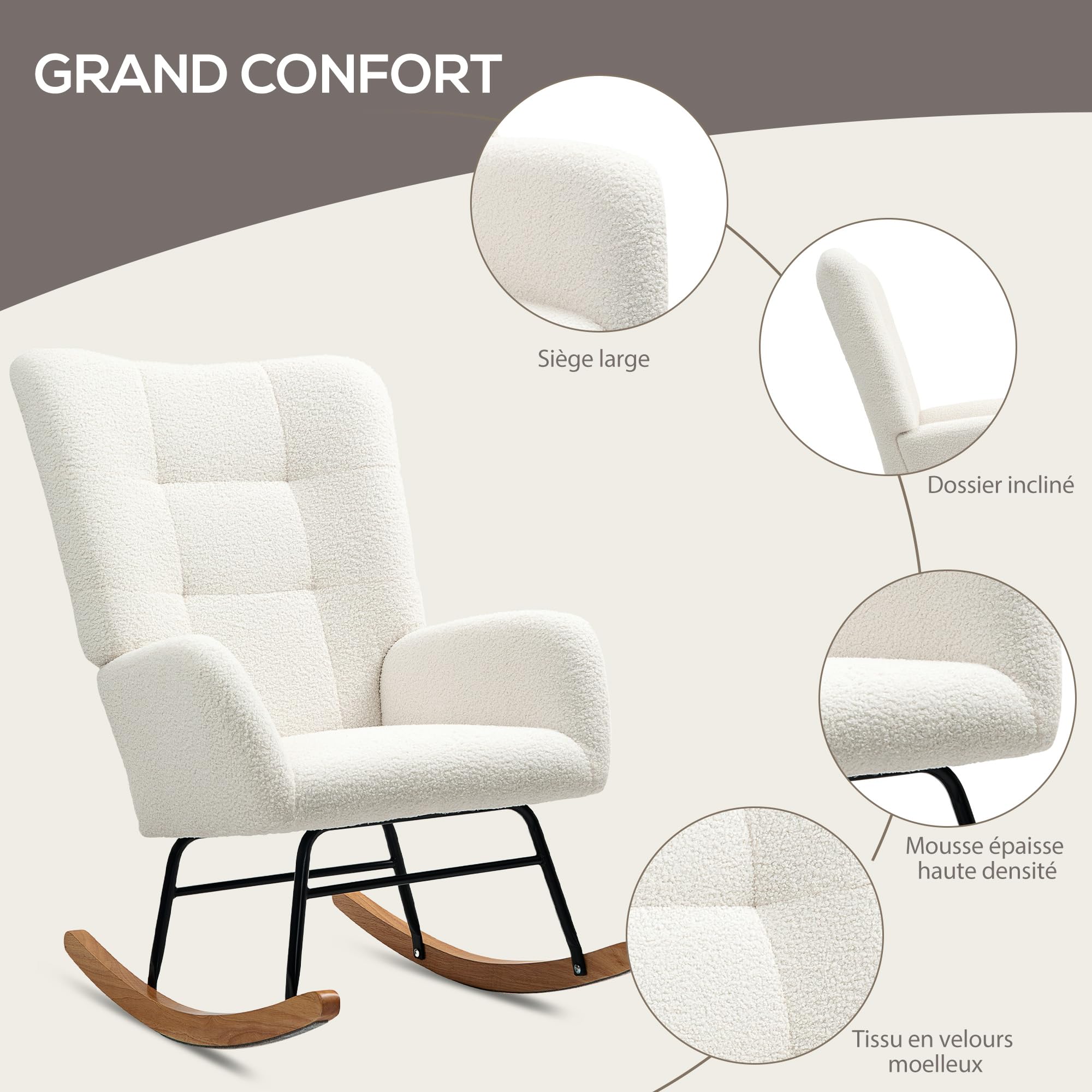 HOMCOM Fauteuil à Bascule Fauteuil Allaitement Rocking Chair Moderne en Tissu Effet Laine bouclée avec Pieds en Bois Massif d'hévéa, Chaise à Bascule pour Chambre, Salon - 70 x 94 x 100 cm, crème