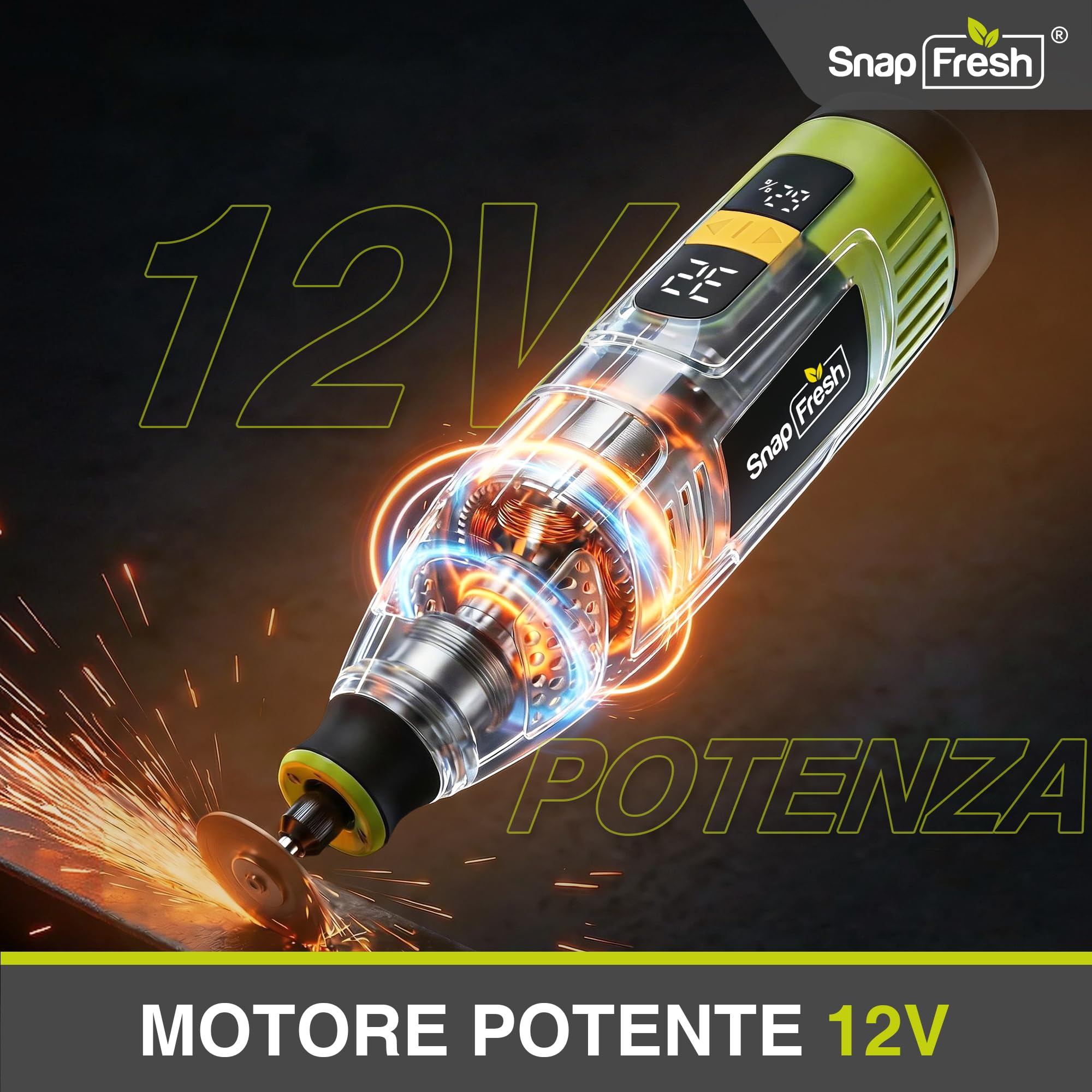 SnapFresh Utensile Rotante Multifunzione 12V Mini Trapano Elettrico, 111 Accessori, Velocità Variabile 5000–32000 giri/min, Display Digitale con Memoria, per Incisione, Levigatura, Lucidatura e Taglio