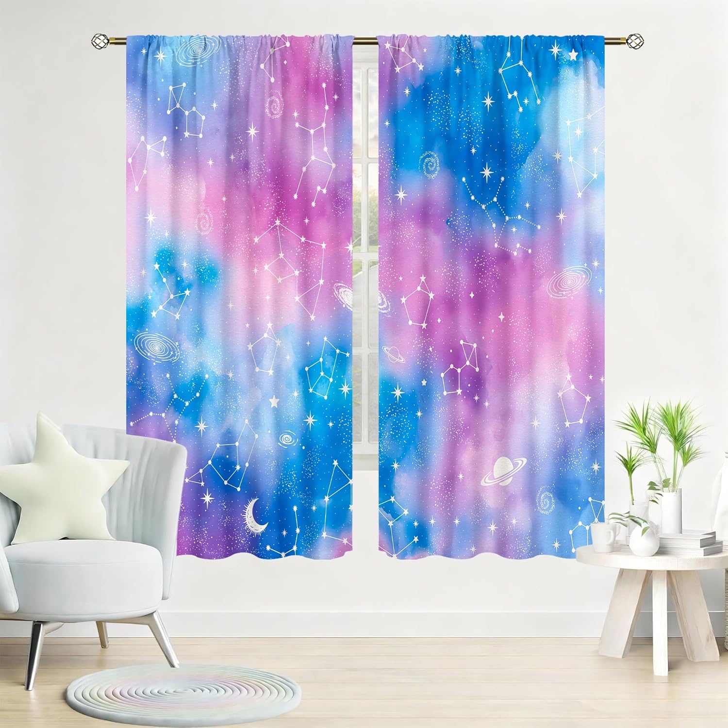 Cinbloo Tie Dye Curtains 42Wx63H Inch Rod Pocket Ombre Blue Pink Purple Galaxy Bedroom Decor Constellation Gradient Watercolor Starry Sky Teen Girl Living Room Window Drapes 2 Panel