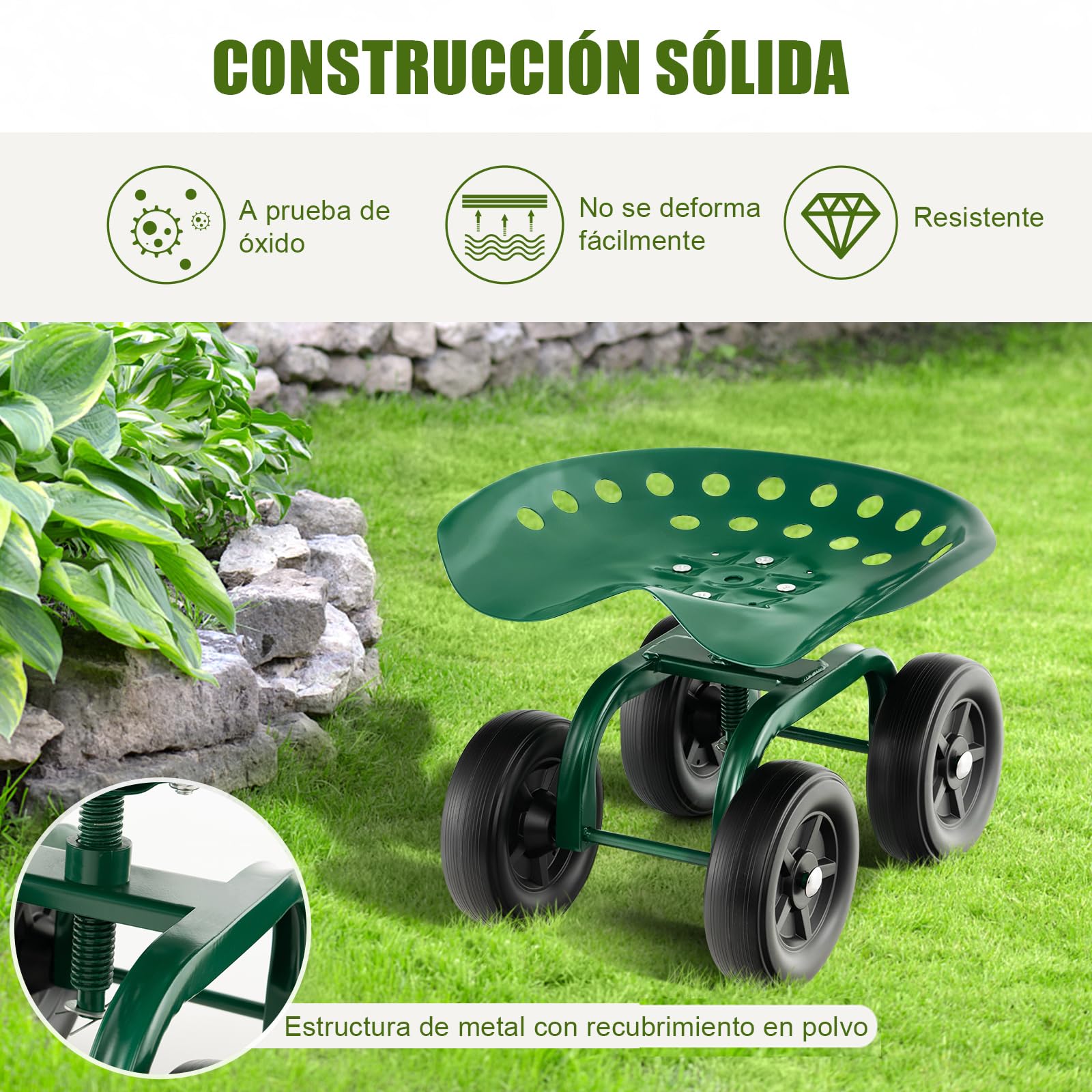 GOPLUS Asiento de Jardín con Ruedas, Taburete Móvil para Jardinería con Asiento Giratorio de 360° y Altura Ajustable 28-40 cm, Carrito para Trabajo en Jardín Patio Césped, hasta 150 kg