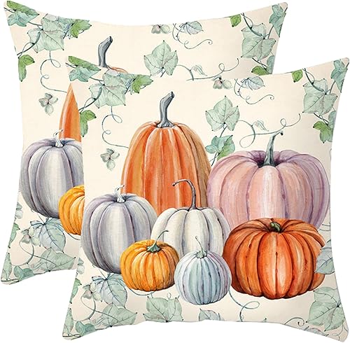 Juego de 2 fundas de almohada de otoño de 18 x 18 pulgadas, diseño de calabaza de otoño, decoración de cosecha, Acción de Gracias, color naranja,