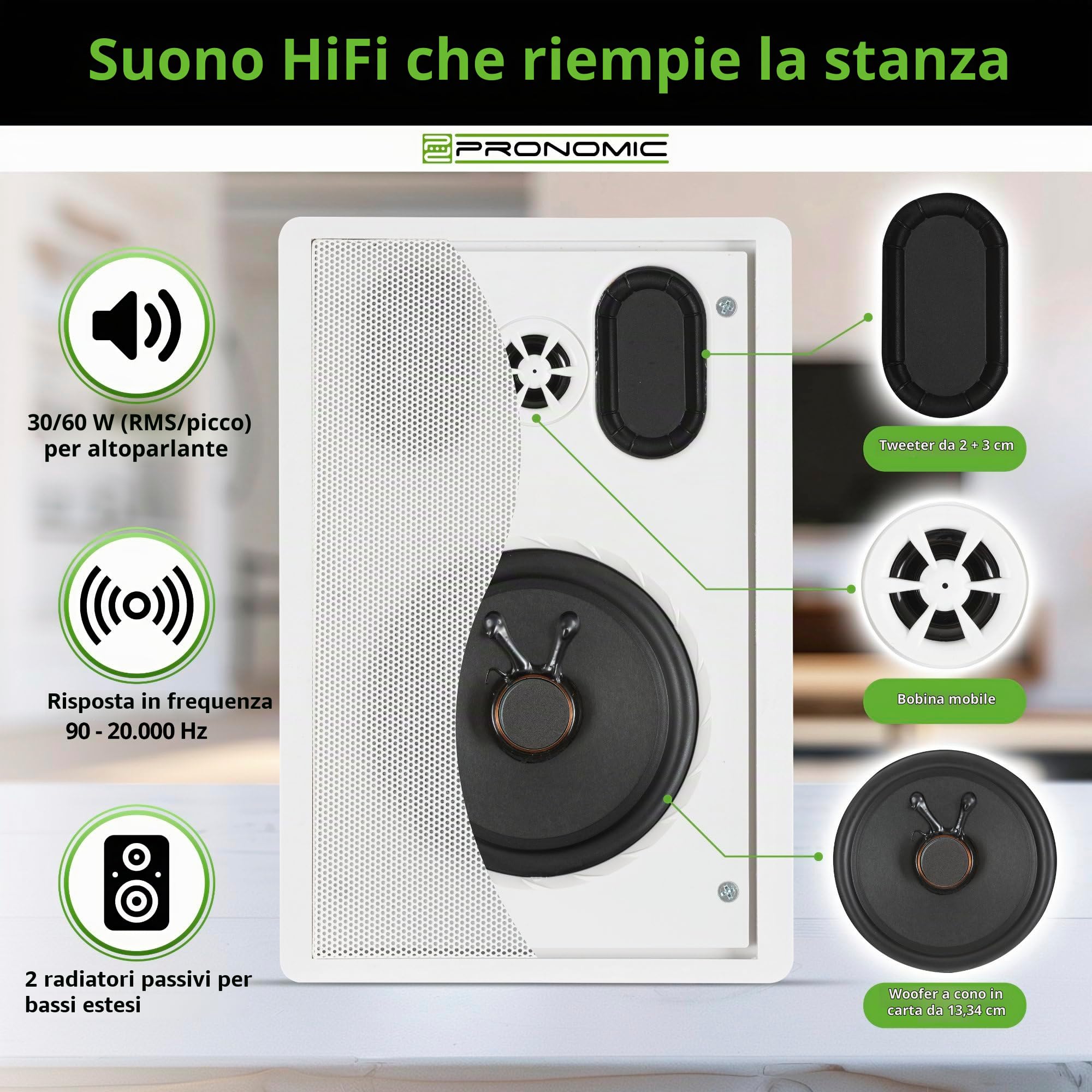 Pronomic FLS-540E WH Coppia Diffusori Flatpanel da Parete bianchi | Diffusori HiFi a pannello 2 vie, Ideali per un elegante montaggio fisso a parete, Suono bilanciato, Impedenza: 8 Ohm, 5" (12