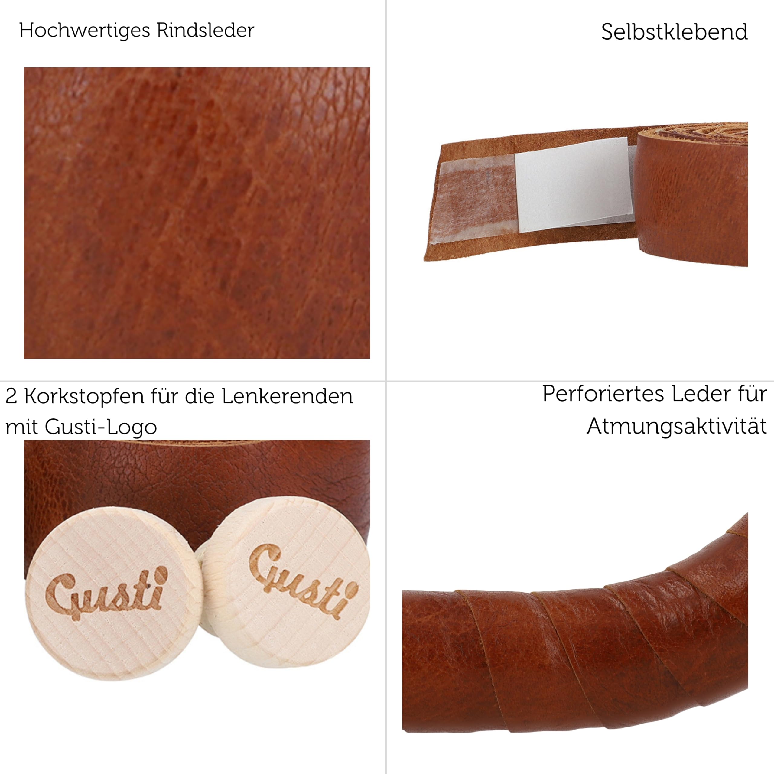 Gusti Leder Lenkerband Braun 200 cm Adri V. – Selbstklebendes Vintage Griffband für Rennrad & Gravelbike mit Korkstopfen – Lenkerband Leder rutschfest & langlebig
