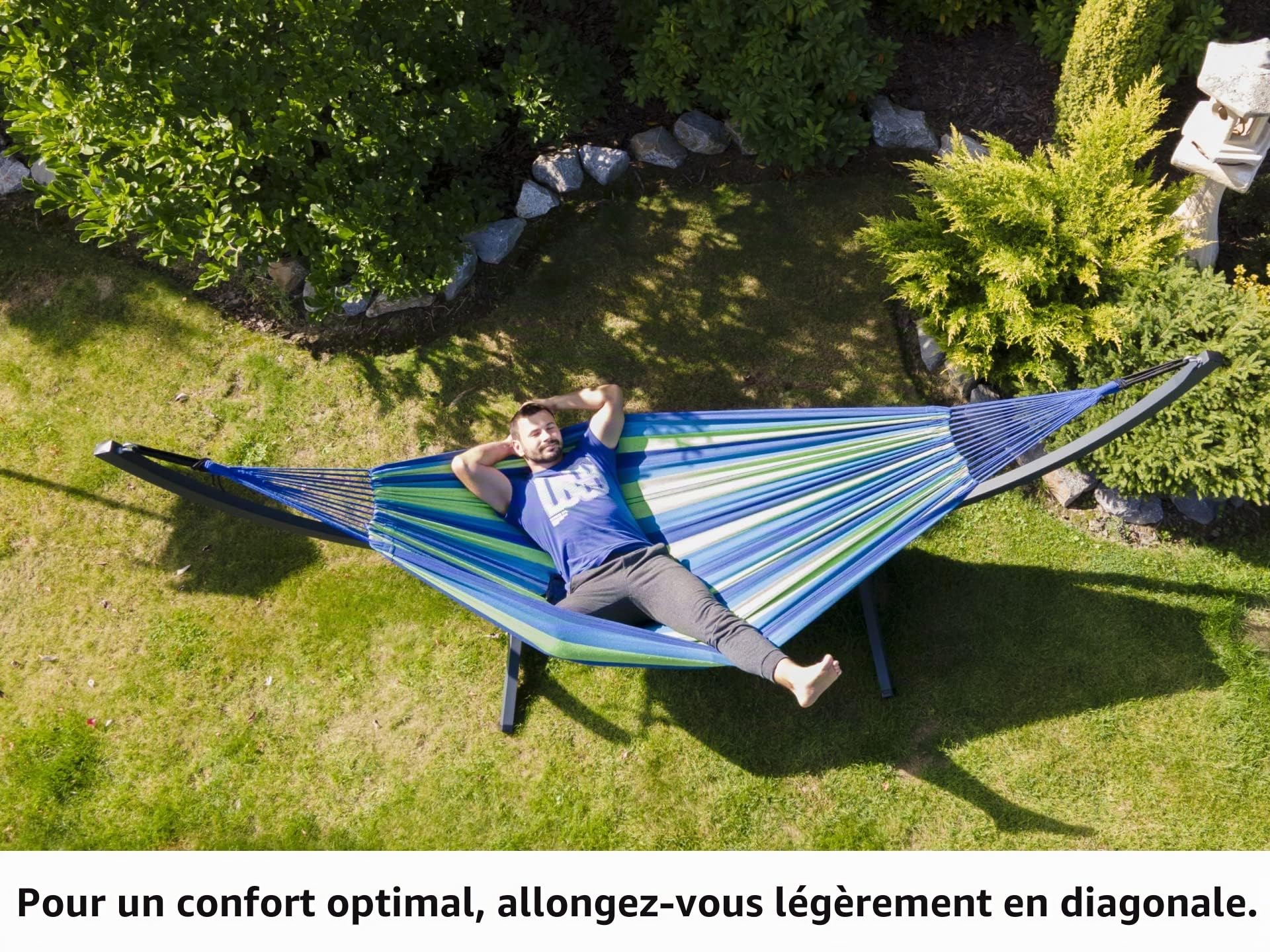 Potenza® Hamac avec Support Anti-rouille pour 2 personnes Démontable – Les Hamacs Double XXL - Lit en métal galvanisé antirouille suspendu portable - Jardin - Support Graphite un Hamac à franges Crème