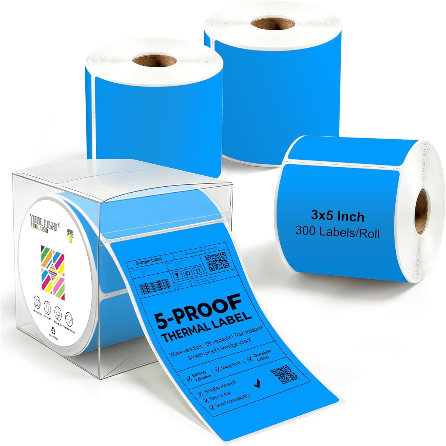 3 x 5 Inch Rectangle Label Stickers Inventory Labels Color Coding Thermal Shipping Labels for Moving Box, Printable Adhesive Stickers for Bar-Codes, Address, 4 Rolls Fluorescent Blue