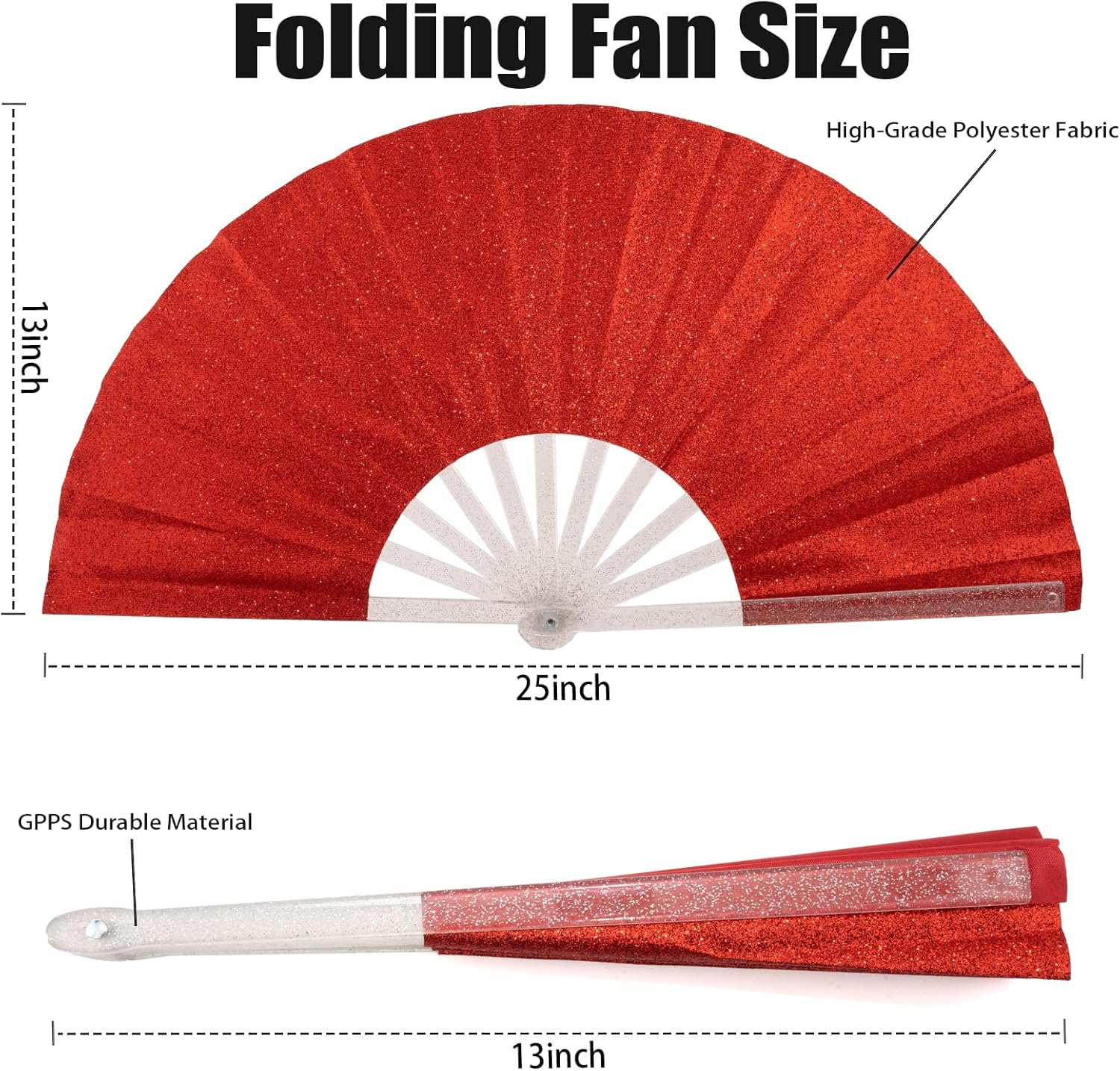 20PCS Large Handheld Rave Folding Fan for men/women,Foldable Decorative Fans,rave accessories,Used for Dance,Parties,Wedding,Music Festival, Decorations (Glitter Red)