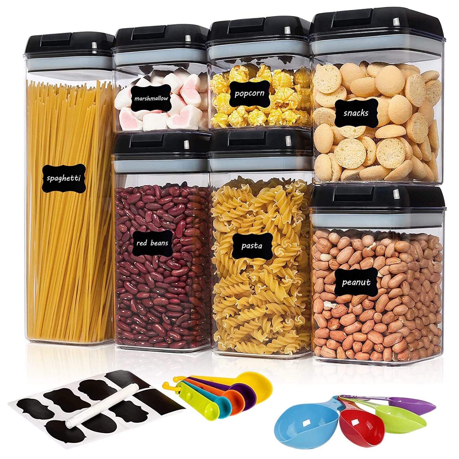 MOSYCLE Food Storage Containers, 7 Pieces BPA Free Airtight Cereal Containers with Easy Lock Lids, for Kitchen Pantry Organization and Storage, Include 8 Labels Stickers - (Black)