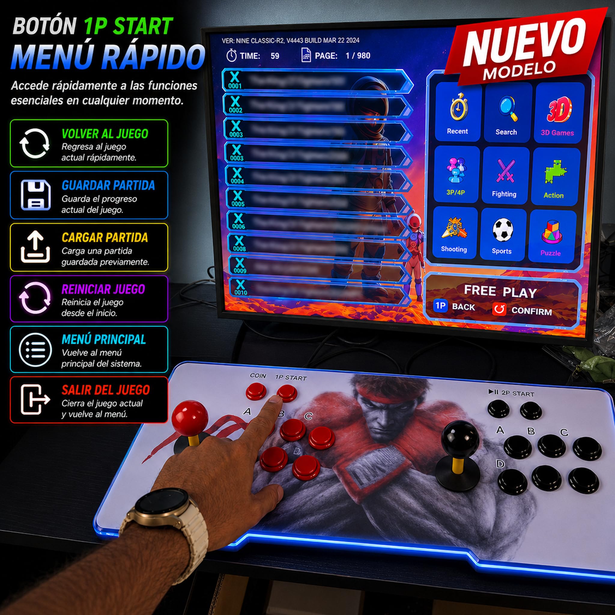 Maquina Arcade con 9800 Titulos. Consola Arcade Que Incluye 6 Botones por Jugador, 2 joysticks Estilo Sanwa DX2 Sistema Plus Saga