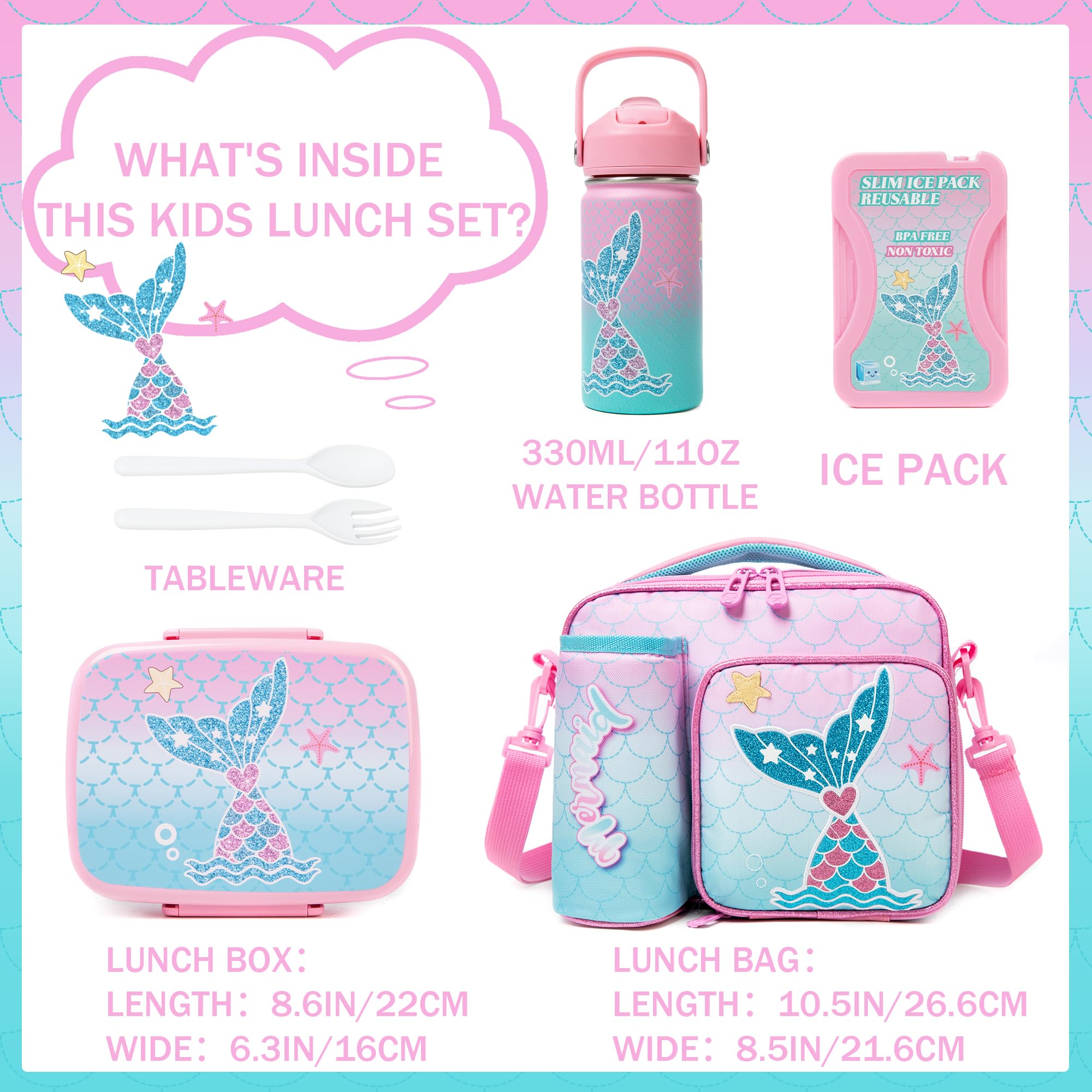 Oruiji Mermaid Bento Box for Kids Lunch Box for Girls Bento Lunch Box for Kids with 5 Compartments Stainless Steel Water Bottle, Lunch Bag, Ice Pack Set Back to School Supplies