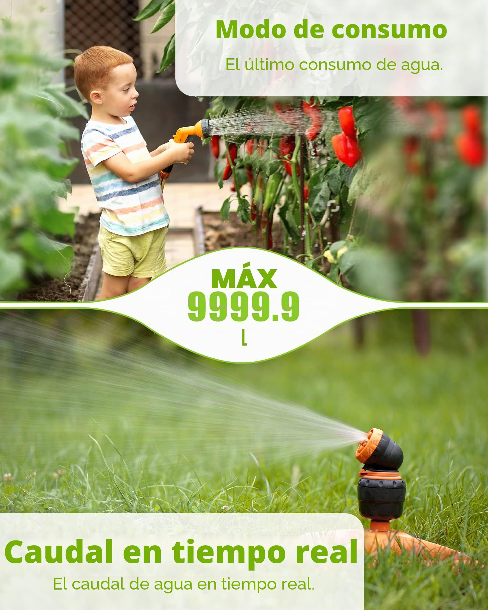 RAINPOINT Contador de Agua, Caudalimetro Agua Digital para Manguera de Jardín de 3/4 Pulgadas, 4 Modos para Controlar el Consumo de Agua, Impermeable IPX6