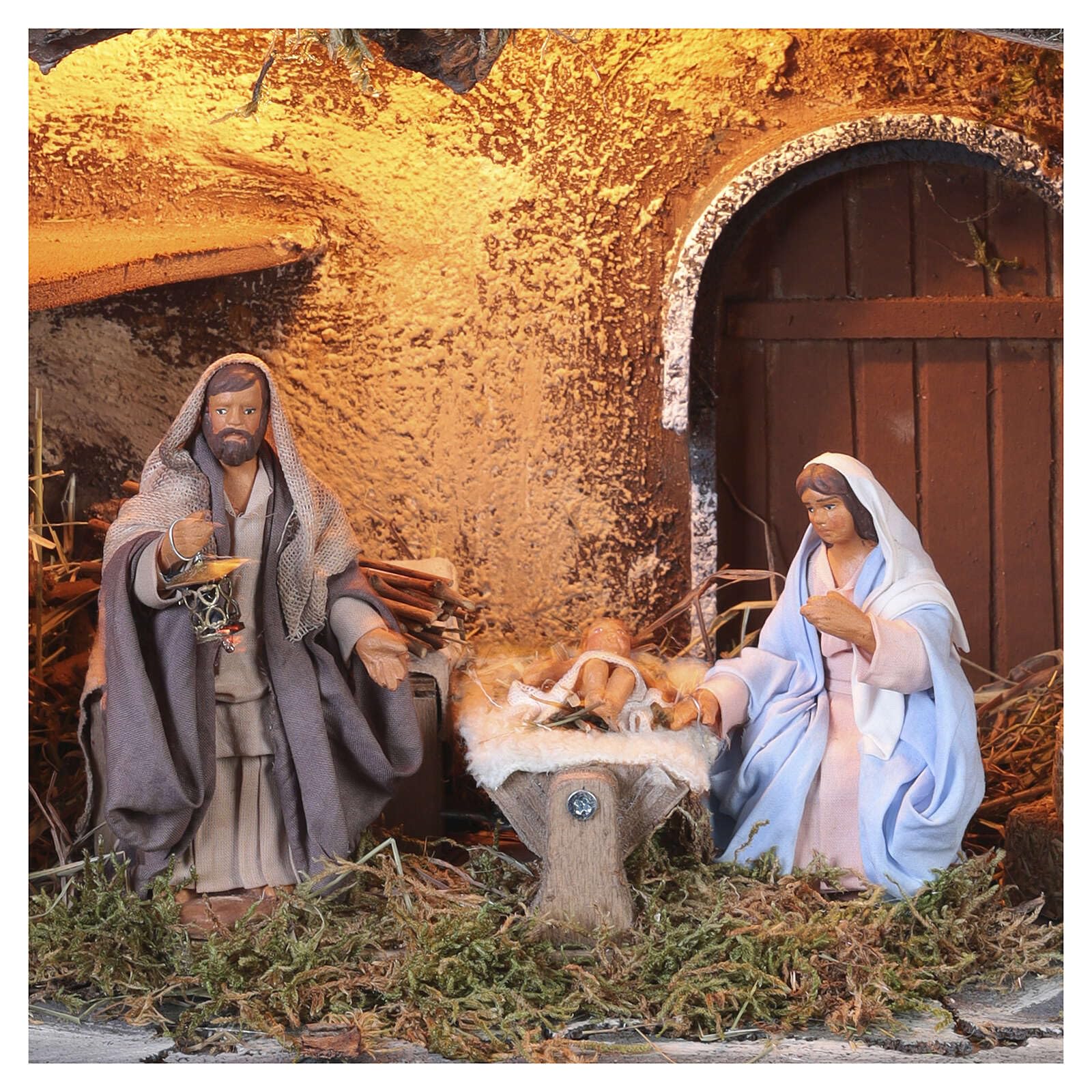 Holyart Crèche Napolitaine: Cabane illuminée avec Nativité en Mouvement crèche napolitaine 10 cm 28x30x20