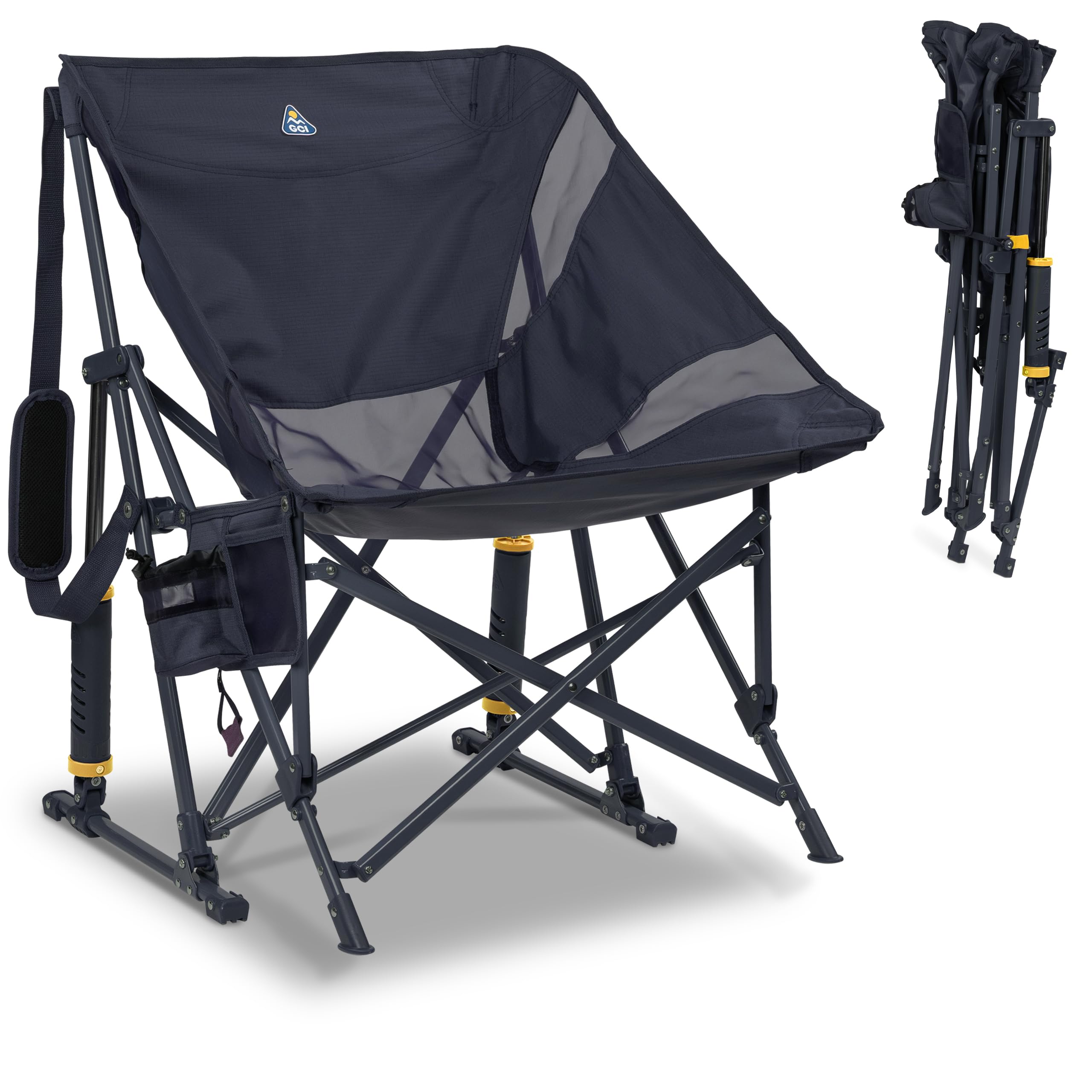 GCI Outdoor – Pod Rocker – Faltbarer Campingstuhl mit patentierter Schaukelfunktion – Relax-Sitzpositionmit breiter Sitzschale – bis 130 kg belastbar – Klappbar, Getränke- & Handyhalter – Charcoal