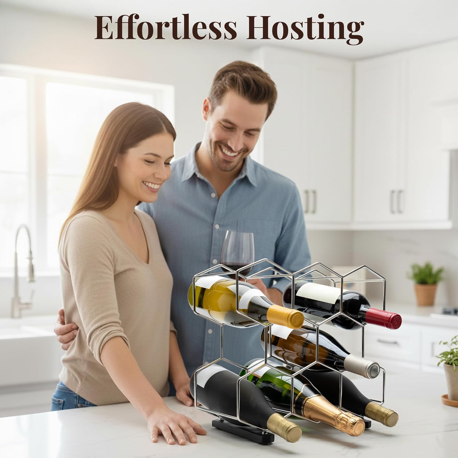 Countertop Wine Rack - 8-Bottle - Stainless Steel & Charcoal Oak - 3 Tier Tabletop Wine Holder Stand for Cabinet, Pantry - Freestanding - No Assembly Required