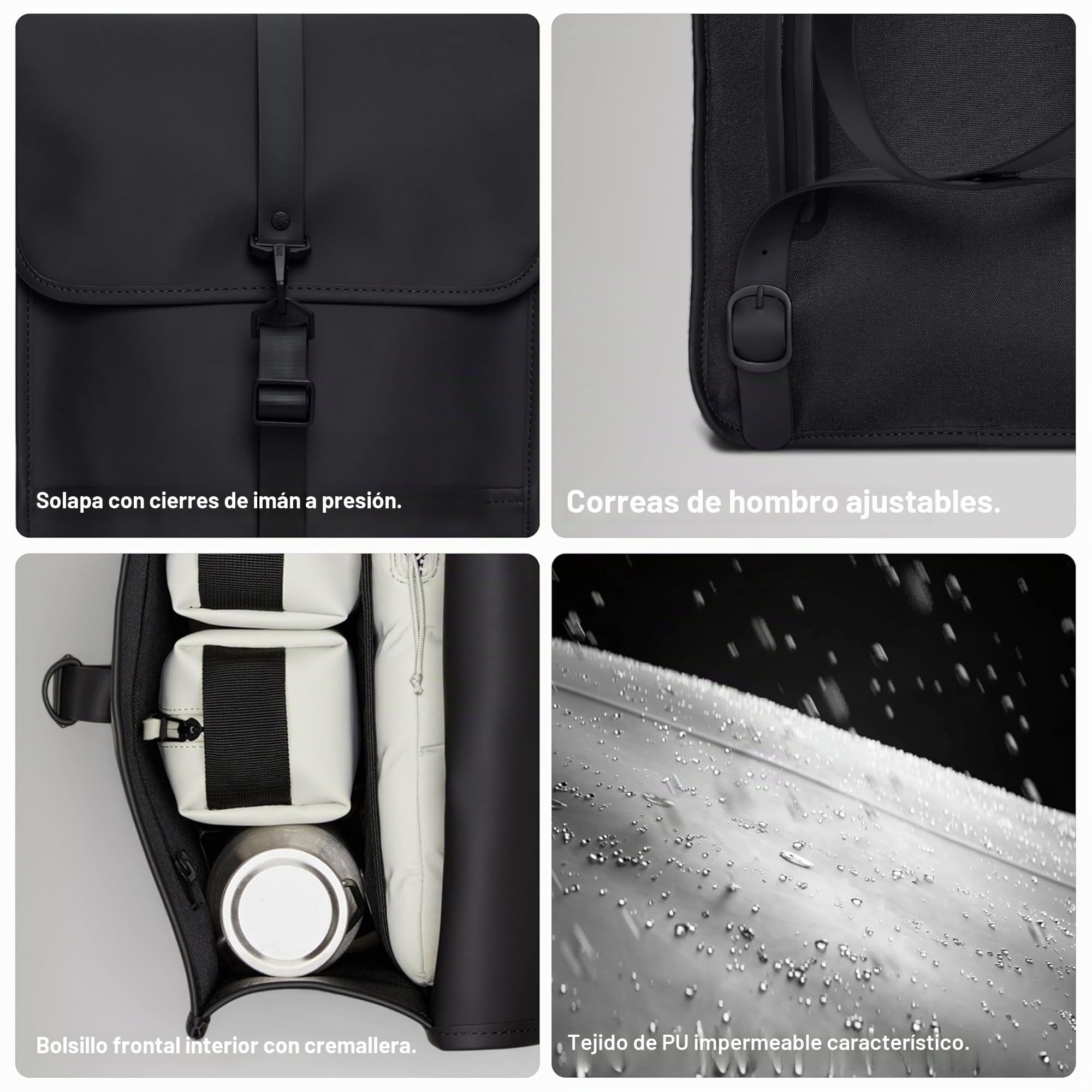 RAINS Backpack, Mochila impermeable para hombres y mujeres, bolsa para ordenador portátil, para trabajo o viajes, Gris, Regular, Moderno