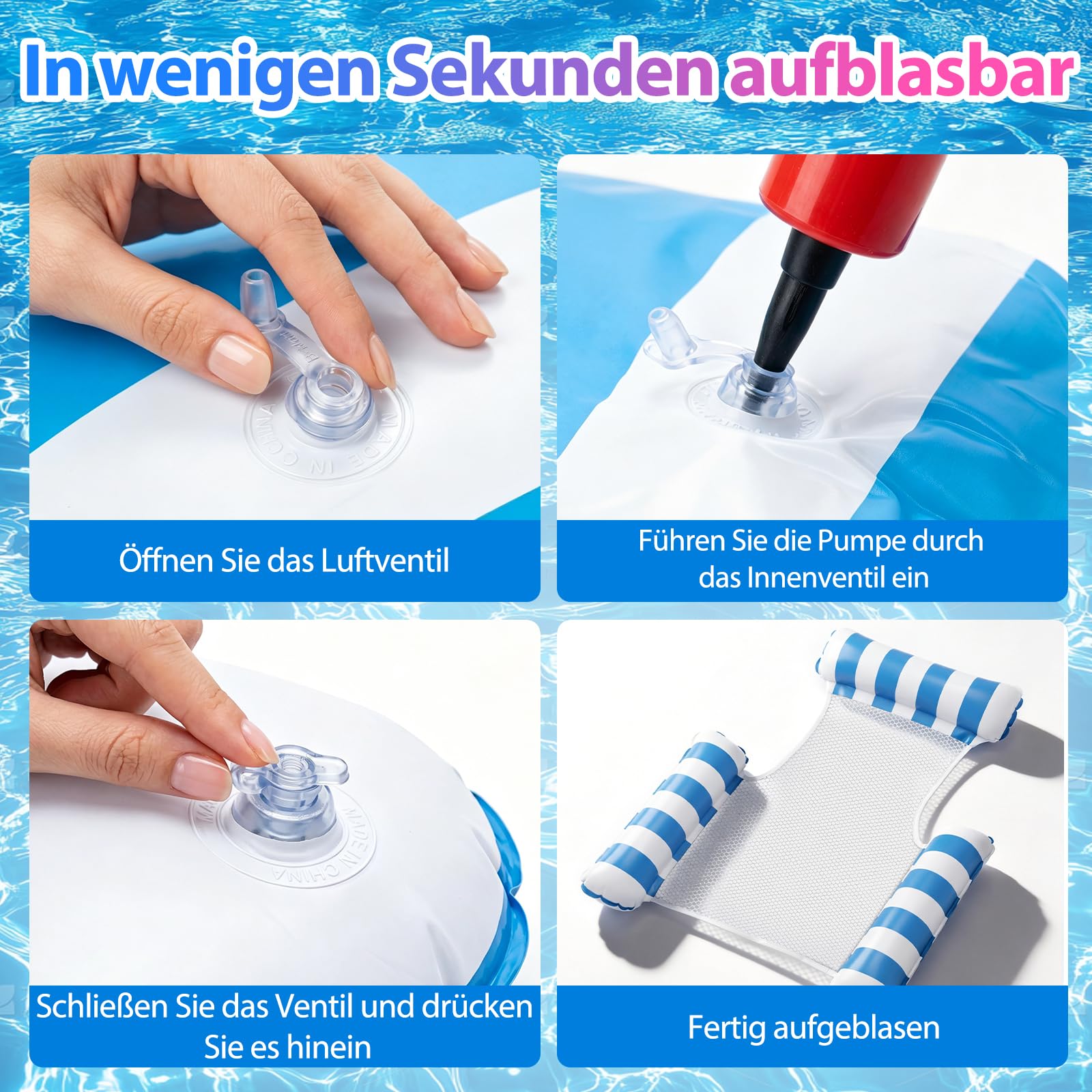2 Stück Luftmatratze Wasser mit 1 Luftpump und 2 Getränkehalter，4 in 1 Wasserhängematte mit Netz Aufblasbare Schwimmsessel Wasser Matratze Pool Zubehör Liege Sofa Stuhl Sitz Erwachsene Kinder Stabil