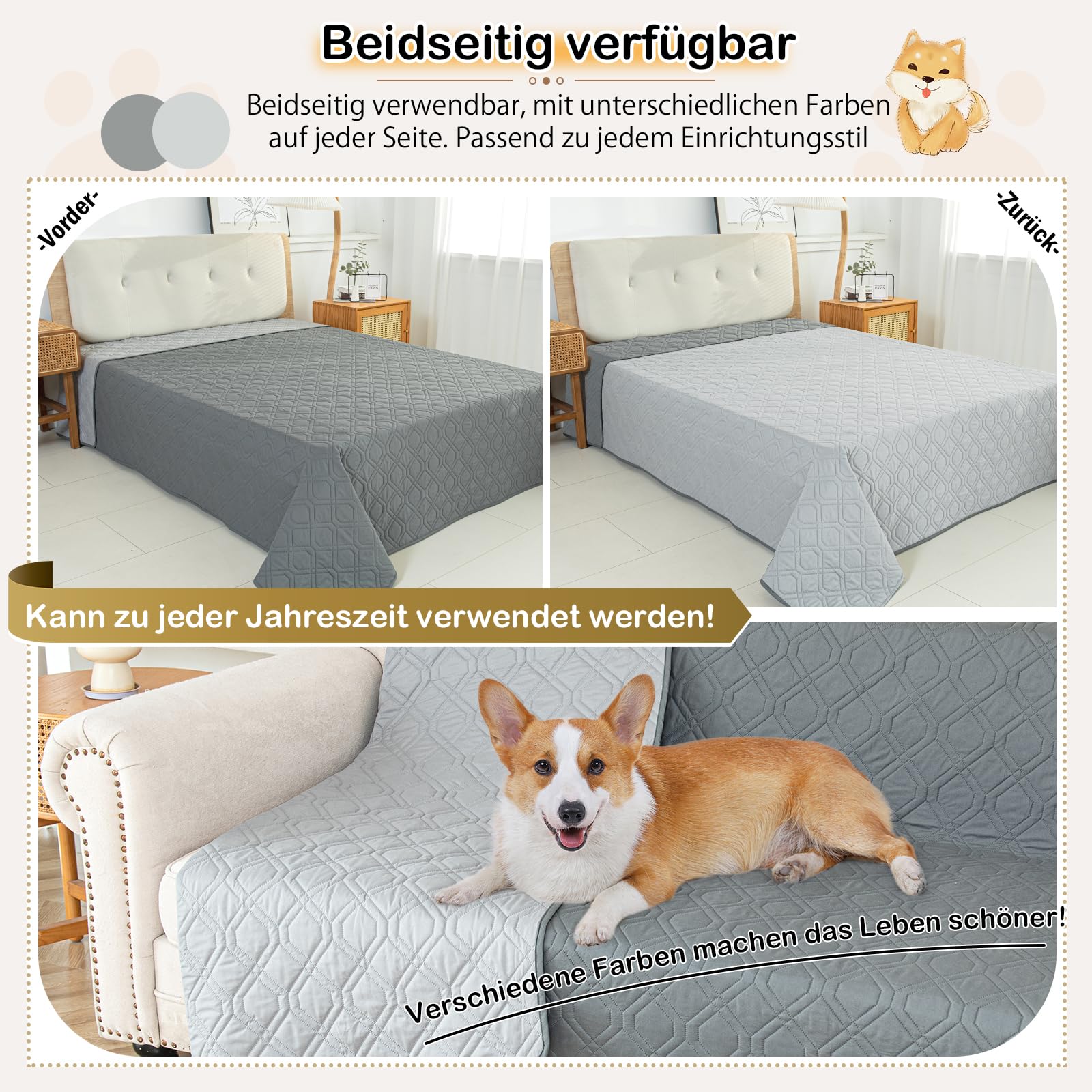 100% wasserdichte Hundedecke-Beidseitig verfügbar und weich Hundematte für großeund kleine Hunde,Schutz für Sofa & Bett& Auto - in der Waschmaschine waschbar (Grau, 137 * 208CM)