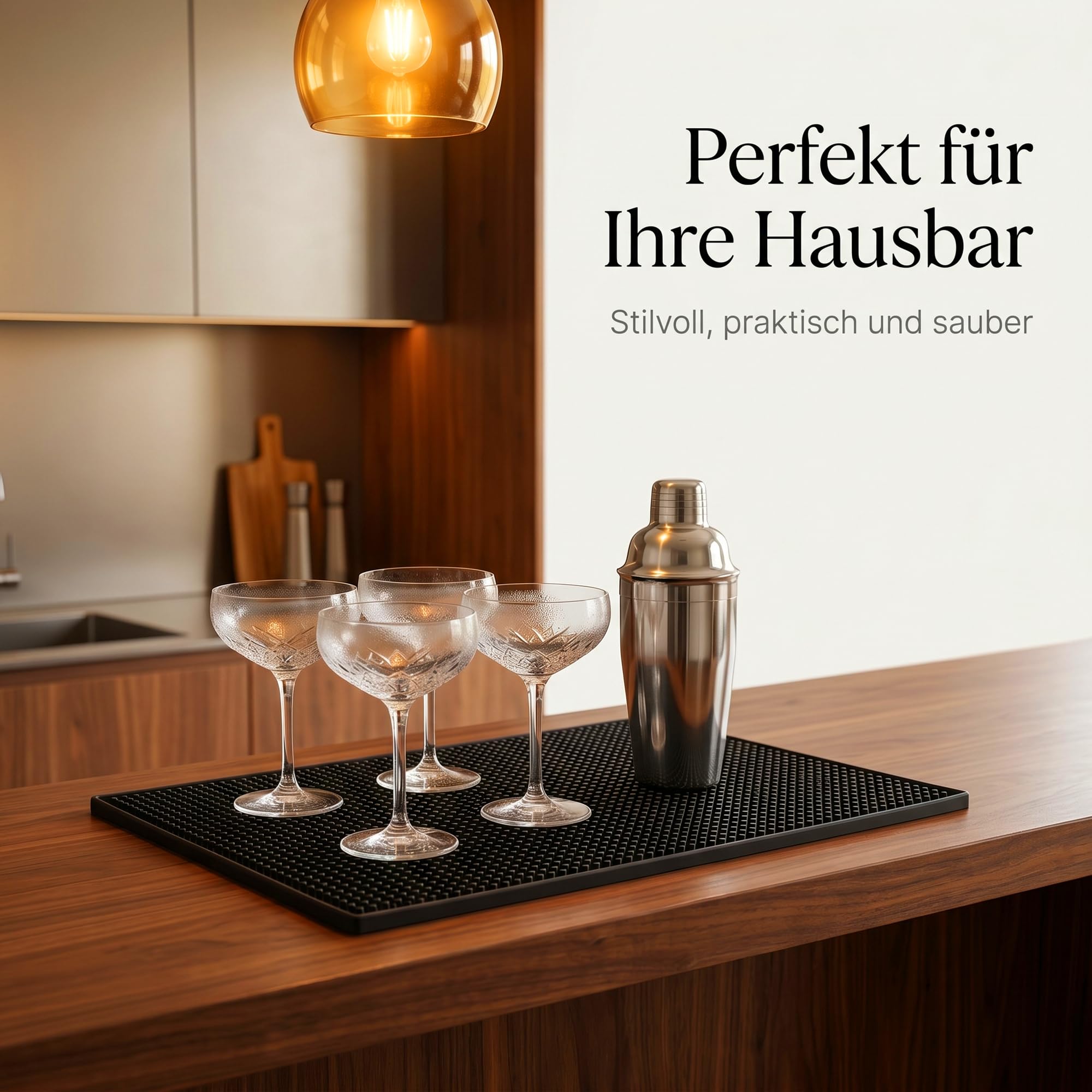 4 tappetini da bar in PVC, 45 x 30 cm, colore nero, per stoviglie, con 4 sottobicchieri rotondi da 10 cm, accessori per bar e cucina