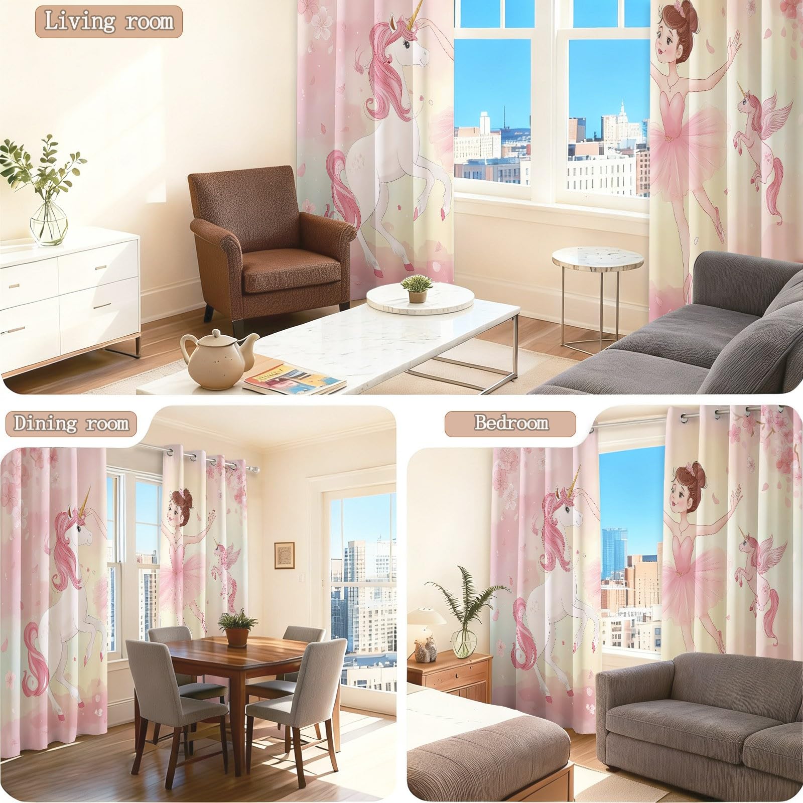 Rideau Occultant Fantaisie 2 Pièces L140×H260 cm, Motif Licorne Ballerine Fleur, Rideau Thermique Isolant Anti Chaleur à Oeillets Isolation Lumiere Anti UV Decoration, Chambre De Bébé Chambre De Fille